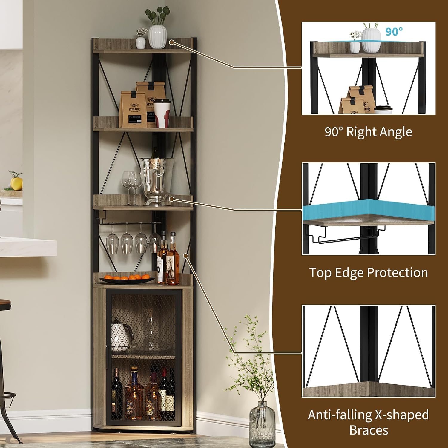 Space-Saving Corner Bar Cabinet, 5-Tier Wine Rack with Glass Holder, Adjustable Shelves, Mesh Door, Freestanding Liquor Storage Sideboard for Dining Room, Kitchen, Home Bar – Grey