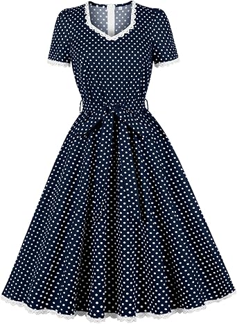 Womens 1950s Retro Dress Short Sleeve Lace Trim Polka Dot Ruffle Dress with Belt Cocktail Rockabilly Dresses