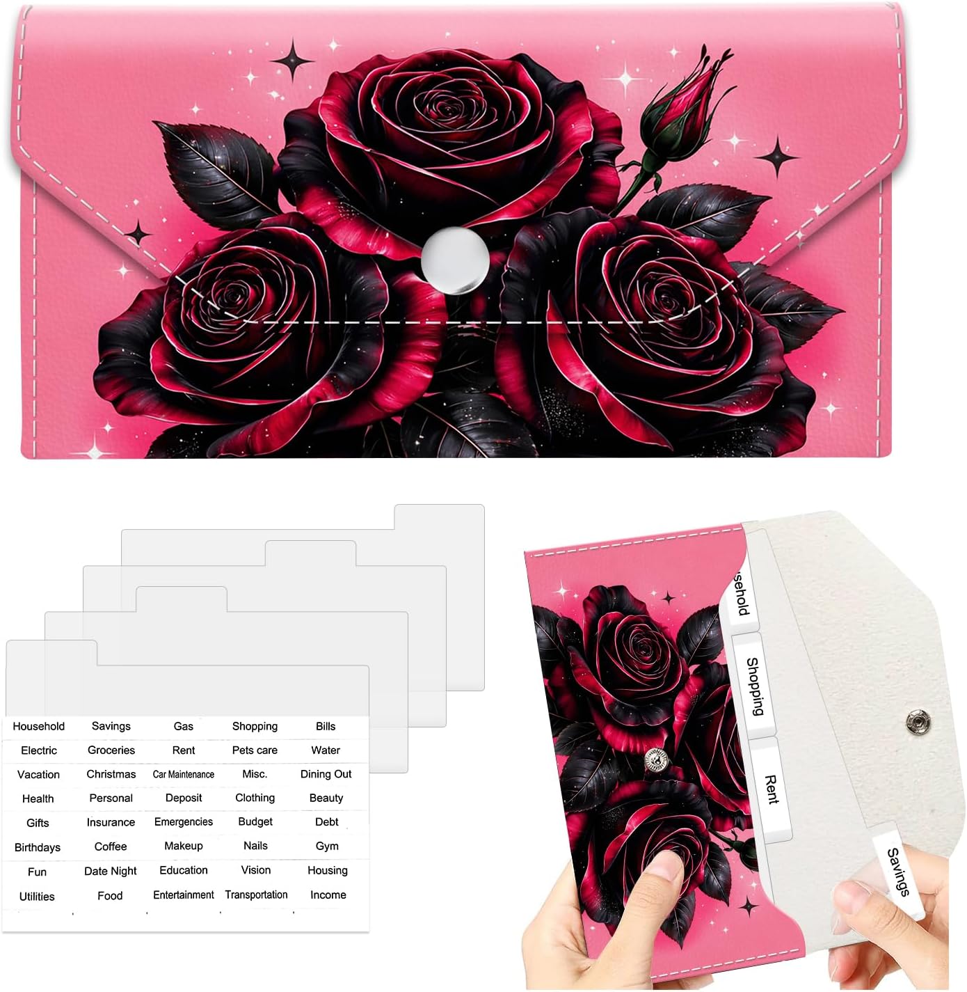 Cash Envelope Wallet for Budgeting, PU Leather Cute Cash Pouch with 4 Cash Dividers & 1 Category Stickers, Reusable Money Holder for Men and Women, Pink Rose