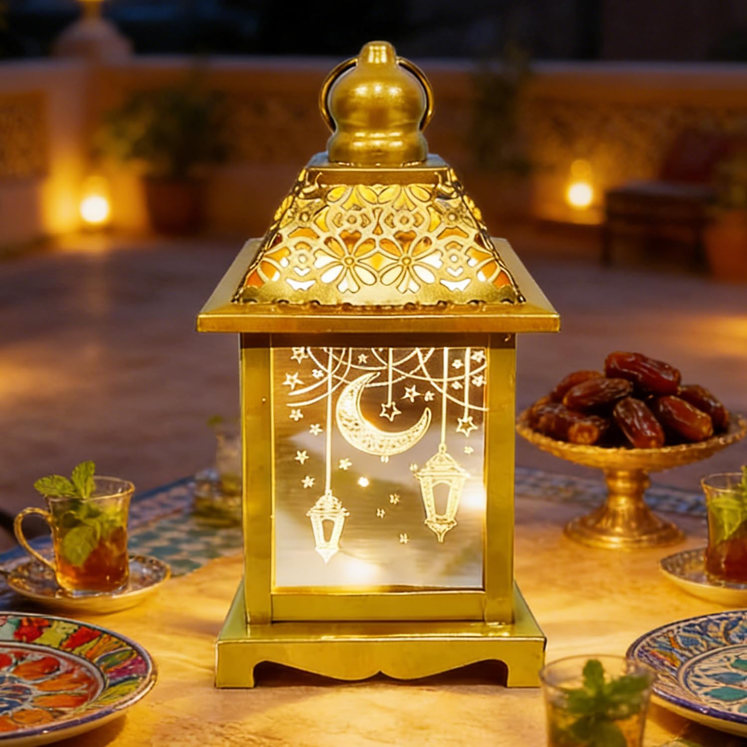 Yoawllty 8in Large Ramadan Lantern with LED Candle, Warm White Ramadan Decorations Lights for Home, Gold Decorative Ramadan Lantern with Moon Star Light Pattern