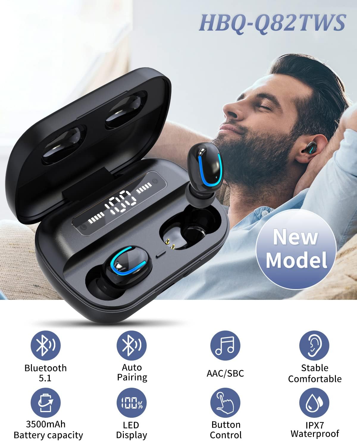 Wireless Earbuds, Bluetooth 5.1 Headphones Wireless Immersive Bass Sound in-Ear Headphones with Noise Cancellation Mic, Waterproof Bluetooth Earphone with Charging Case for Work, Sports (Black)