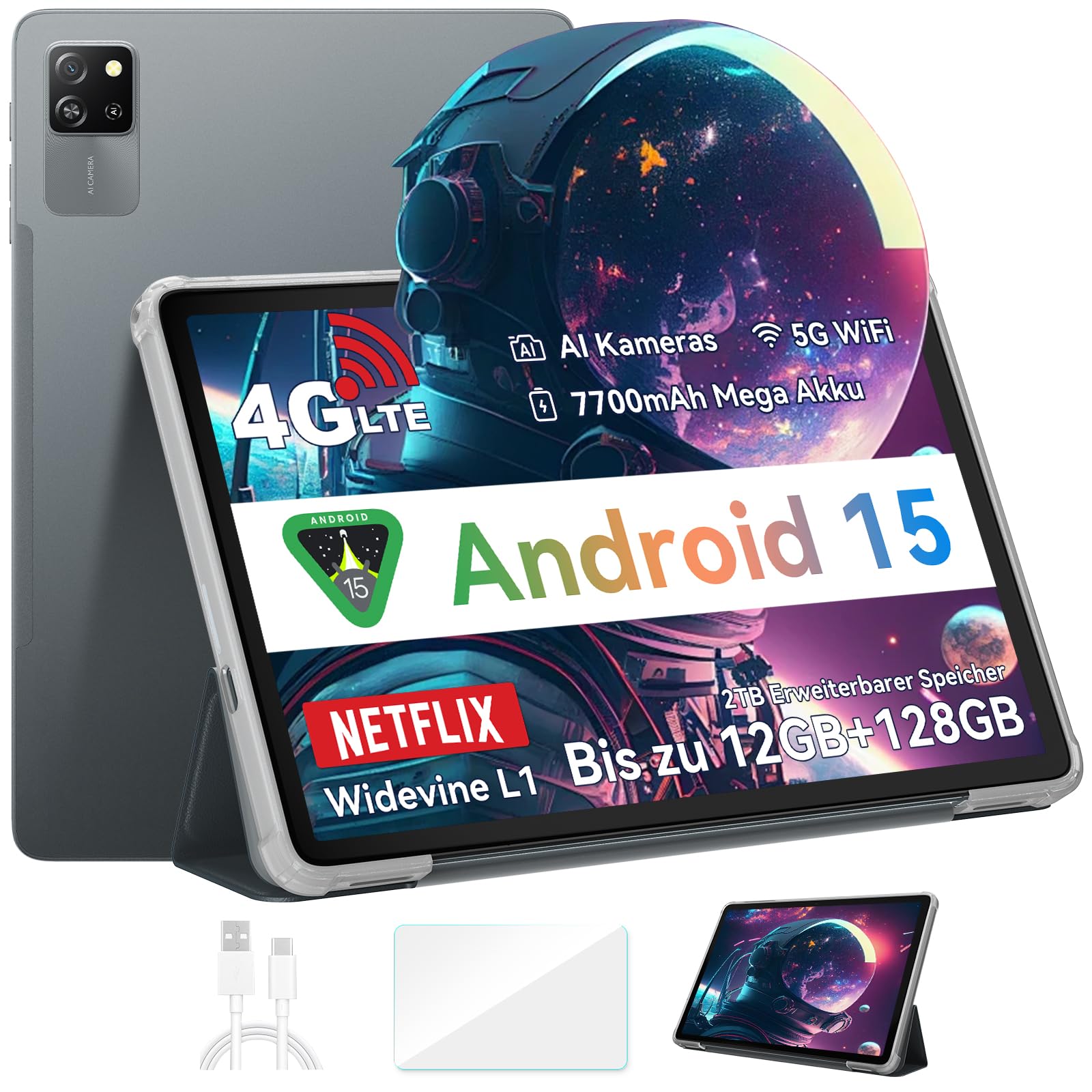 Blackview Android 15 Tablet Tab 60 Pro (2025), Tablet 10 Pollici, 12GB+128GB (TF 2TB), 5G Wi-Fi + Cellular, Octa Core T606, Batteria 7700mAh, Widevine L1/GPS/Face ID/AI Camera, Tablet Pc con Custodia