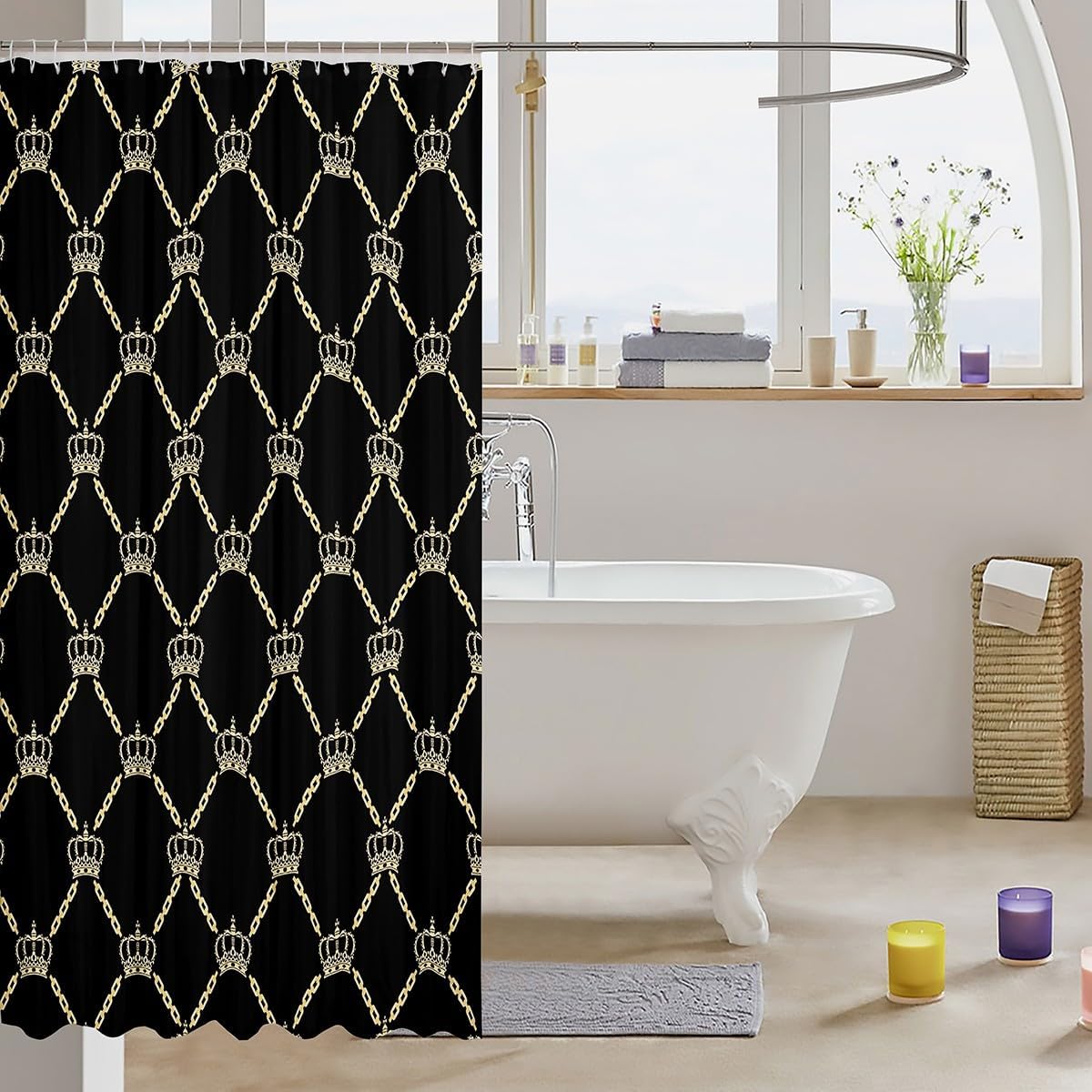 Feelyou Valentine Day Crown Fabric Shower Curtain Black Gold Shower Curtain for Couple Adult Princess Style Bathroom Waterproof Accessories with 12 Hooks Fashion Pretty Curtains,72x78 Inches image 3