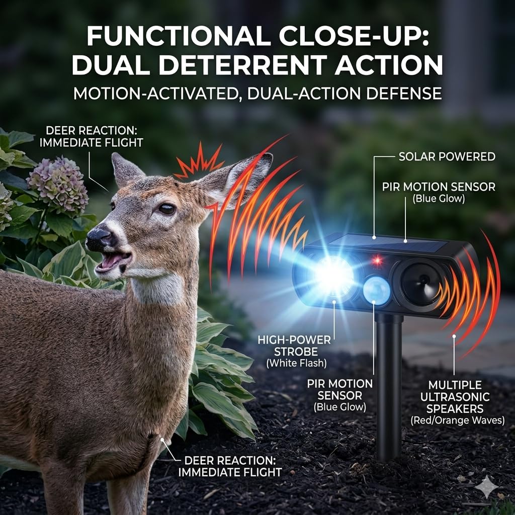 Sonic Fortress Pro 2026 Dispositivi repellenti per cervi per piante, confezione da 4 repellenti per gatti selvatici, ad ultrasuoni, ad energia solare, con sensore di movimento e luce flash, procioni