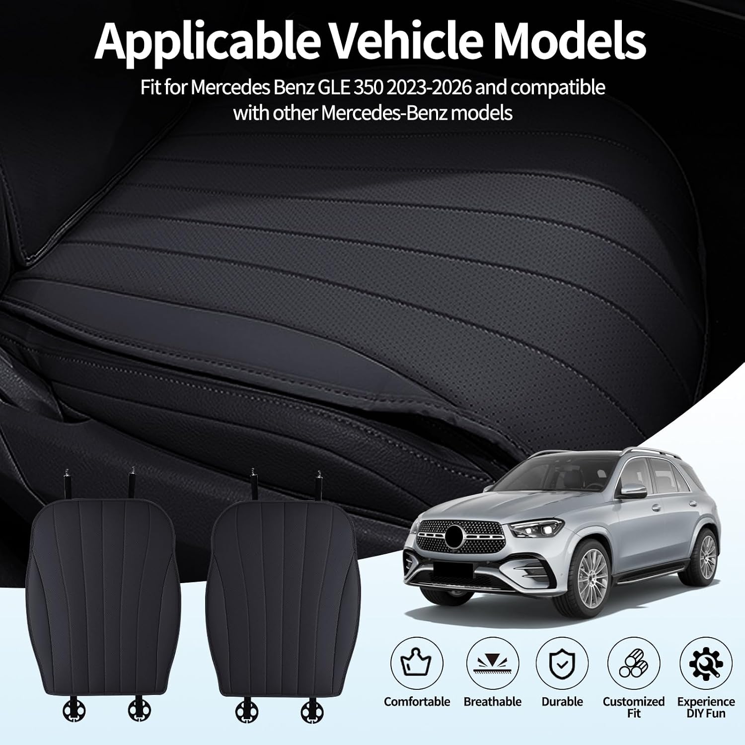 2PCS Leather Car Seat Cushions for Mercedes Benz GLE 350 GLE350 GLE 450 GLE450 2023-2026 Interior Accessories, Non-Slip Bottom All-Season Breathable, Front Seat Protector Cover Pads (Black)