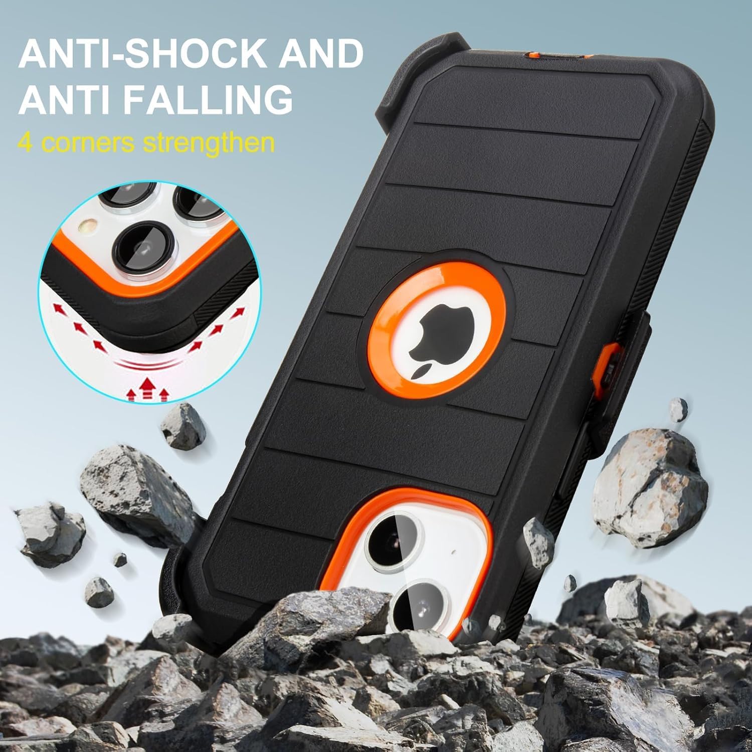 for Defender iPhone 15 Case with Clip,Full-Body Rugged,3 Layers of Sturdy,with Port Protection,Heavy Duty iPhone 15 Phone Case with Holster Clip,Black&Orange - Image 4