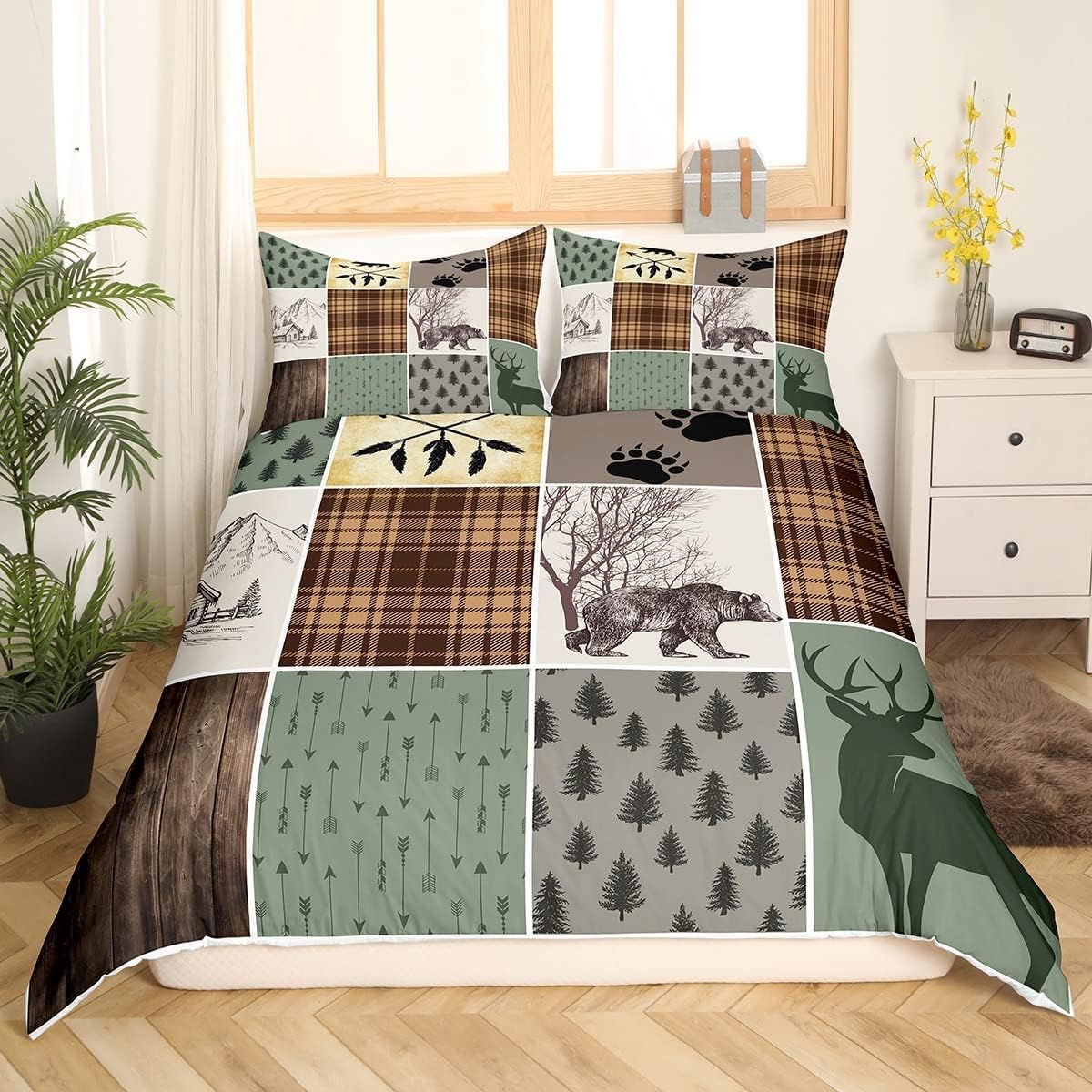 Homewish Cabin Rustic Lodge Duvet Cover Hunting Bear Deer Bedding Set Double Size For Kids Boys Teens Adult Men Bedroom Decor Country Wild Animal Comforter Cover Retro Farmhouse Patchwork Bed Set