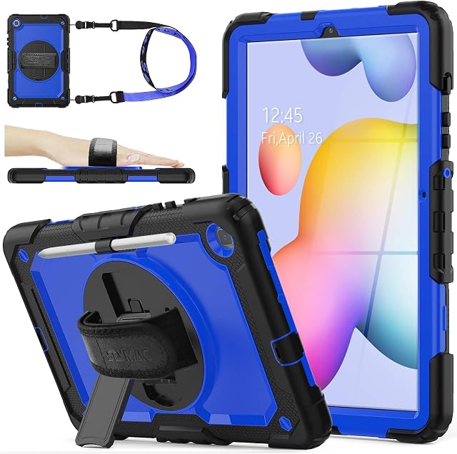 SEYMAC stock Galaxy Tab S6 Lite Case 10.4'' 2022/2020 (SM-P610/P615/P613/P619), Heavy Duty Shockproof Case with Screen Protector Pen Holder [360 Rotating Hand Strap] Stand for Galaxy Tab S6 Lite, Blue