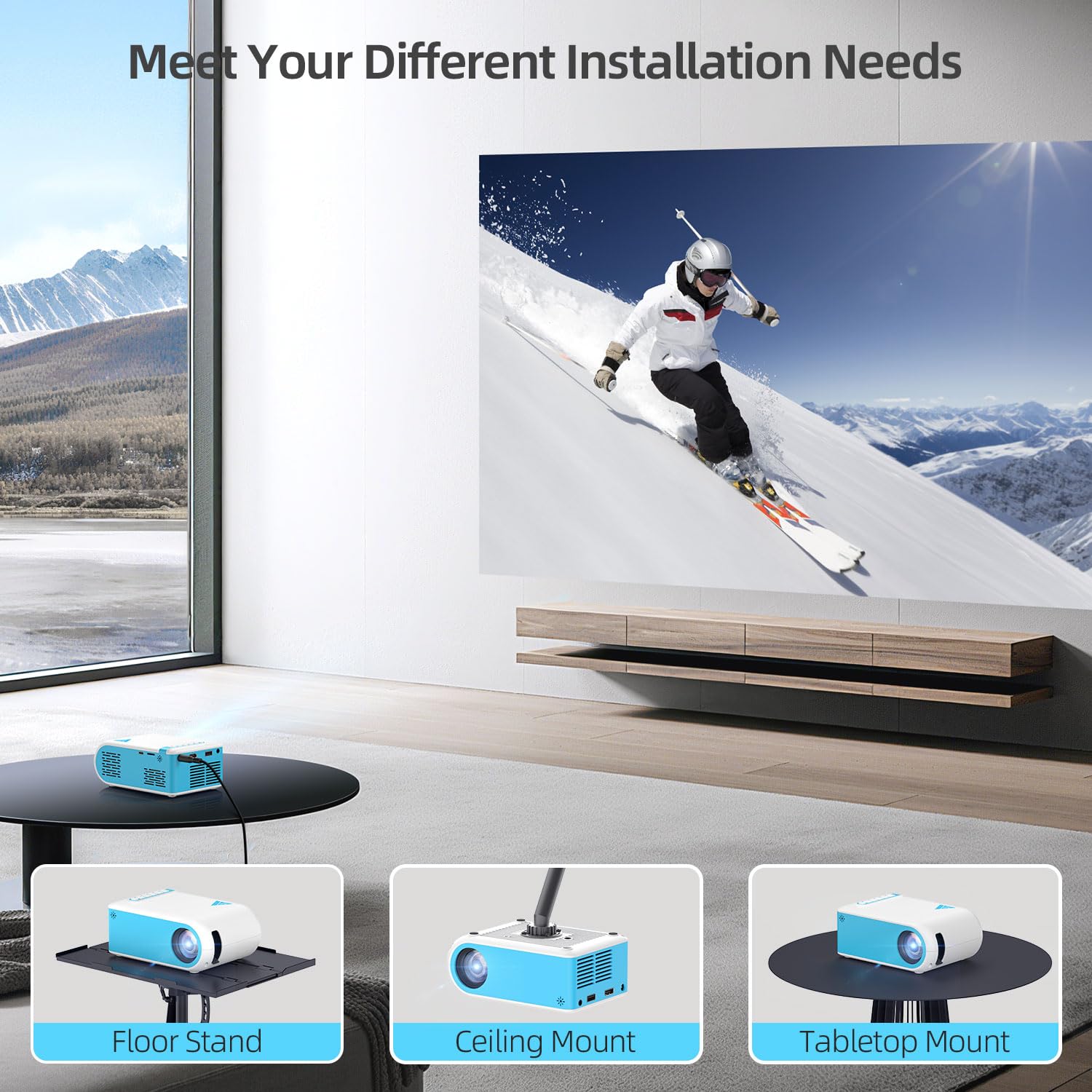 Vidéoprojecteur 1080P Full HD 4K, Mini Projecteur Video WiFi 6 & Bluetooth 5.4, 12000L Portable Projecteur Supporté USB/Type C/HDMI, Compatible avec Clés TV/Téléphone/Tablette/Laptop/PC, Home Cinéma