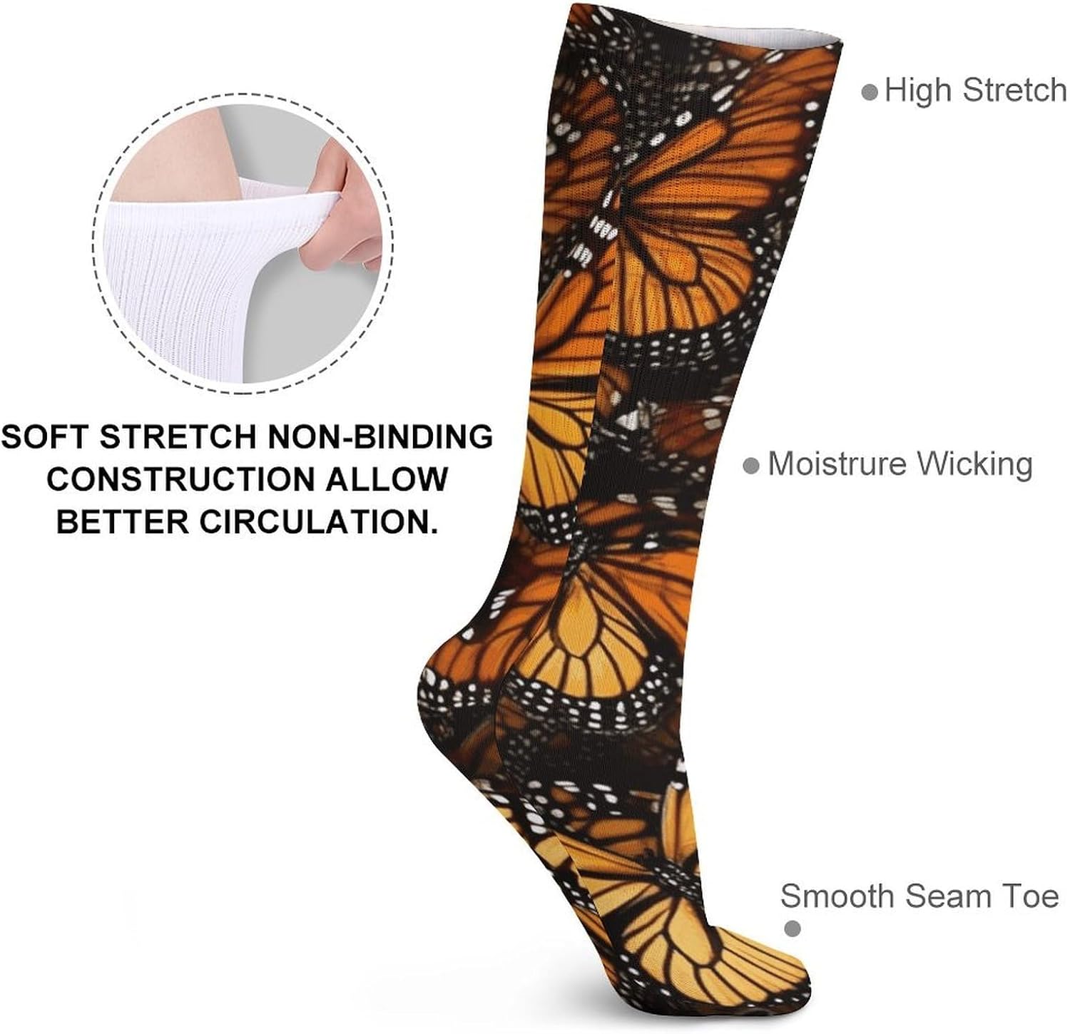 5-Pack Knee High Socks, 15.7 Inch Breathable Casual Socks Heaps of Orange Monarch Butterflies Stockings for Men Women