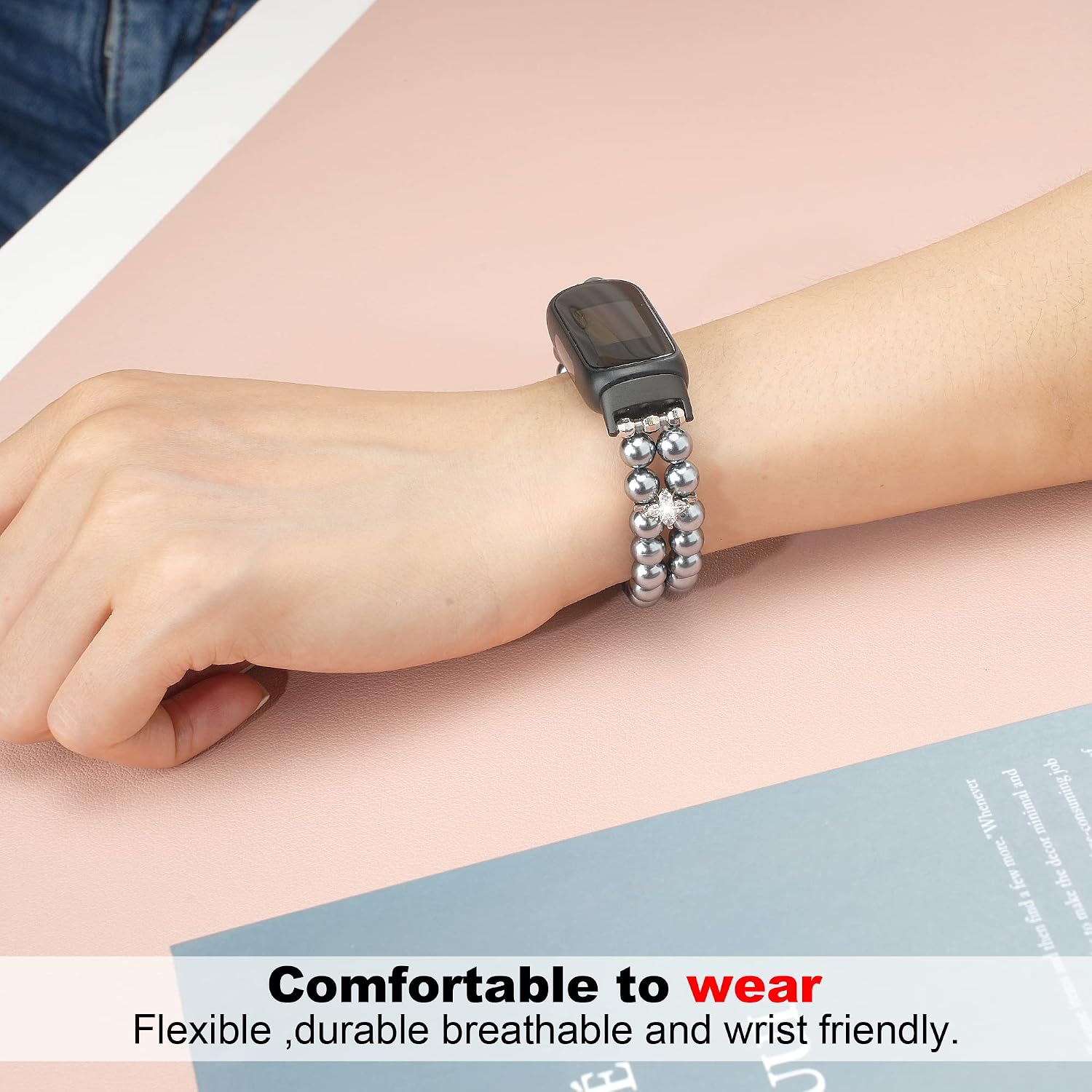 Beaded Bracelet Compatible for Fitbit Inspire 3 for Women,Fashion Handmade Pearl Beads Elastic Stretch Watch Band for Fitbit Inspire 3 Fitness Tracker image 3