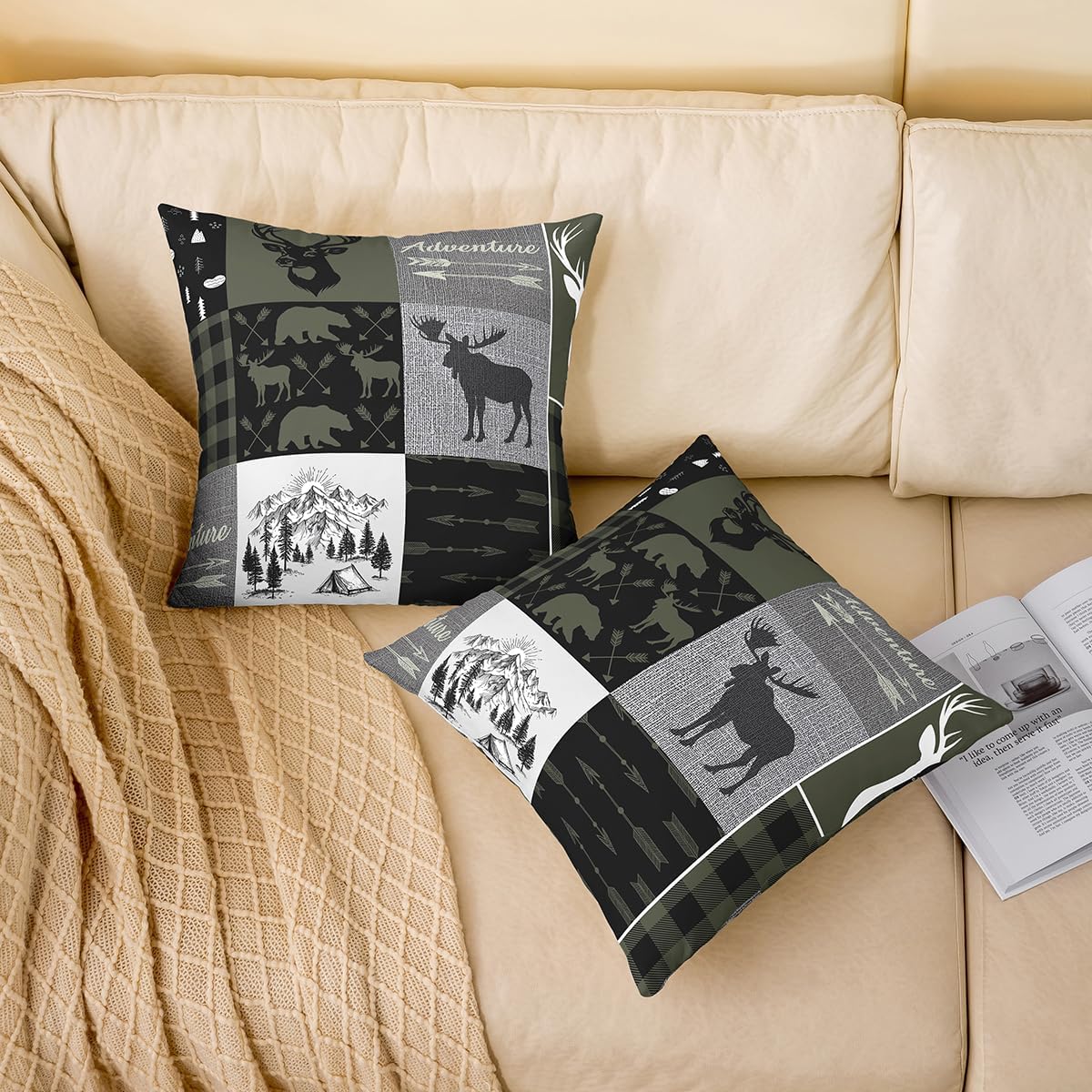 Set of 4 Hunting Rustic Lodge Decorative Pillow Covers 16x16,Deer Bear Patchwork Throw Pillow Covers Retro Cabin Pillow Covers For Kids Teens Adult Men,Camping Moose Elk Cushion Covers,Grey Black
