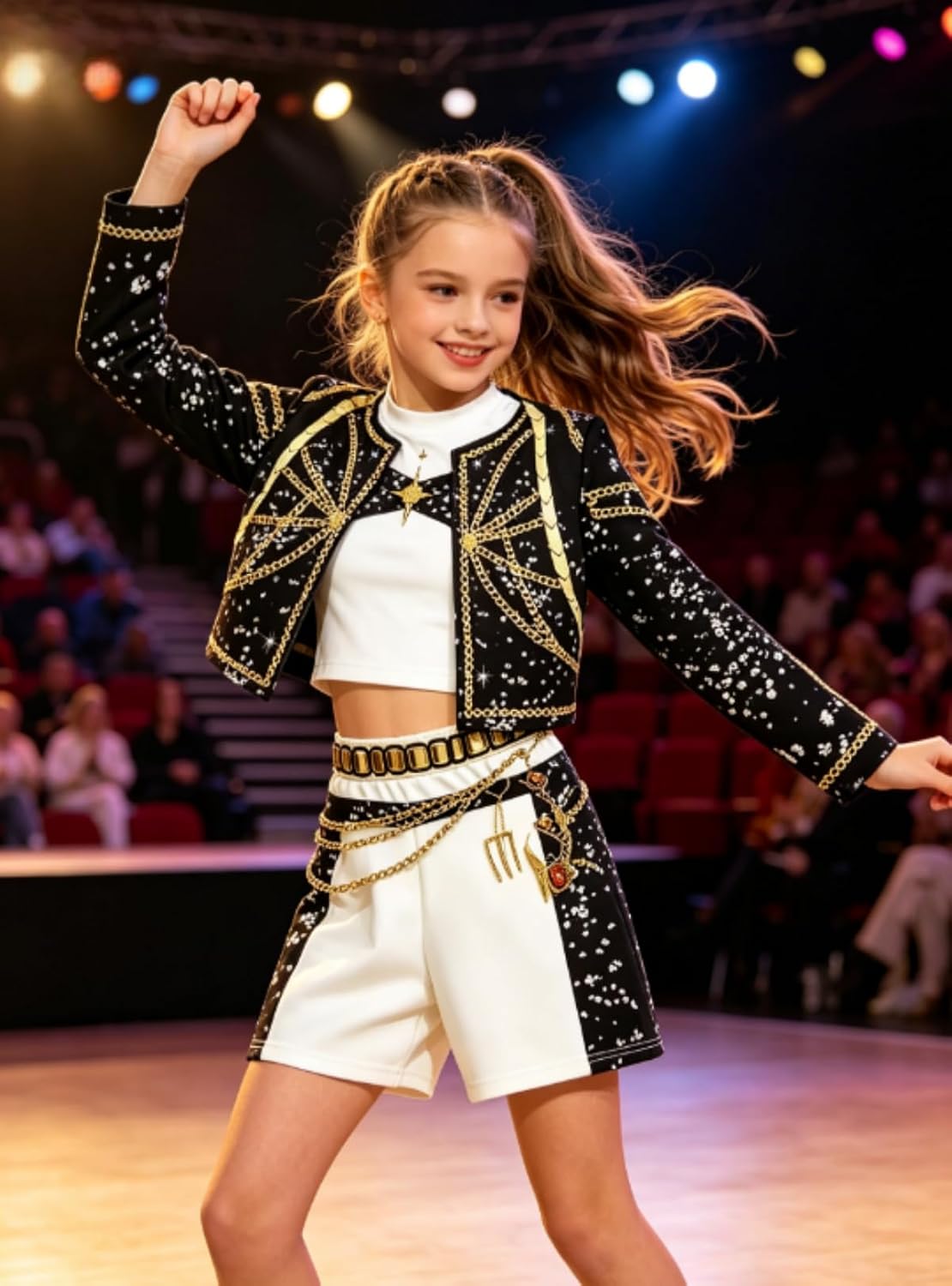 Girls Sparkle Chain Detail Dress, K-pop Fashion Inspired Performance Outfit for Girls
