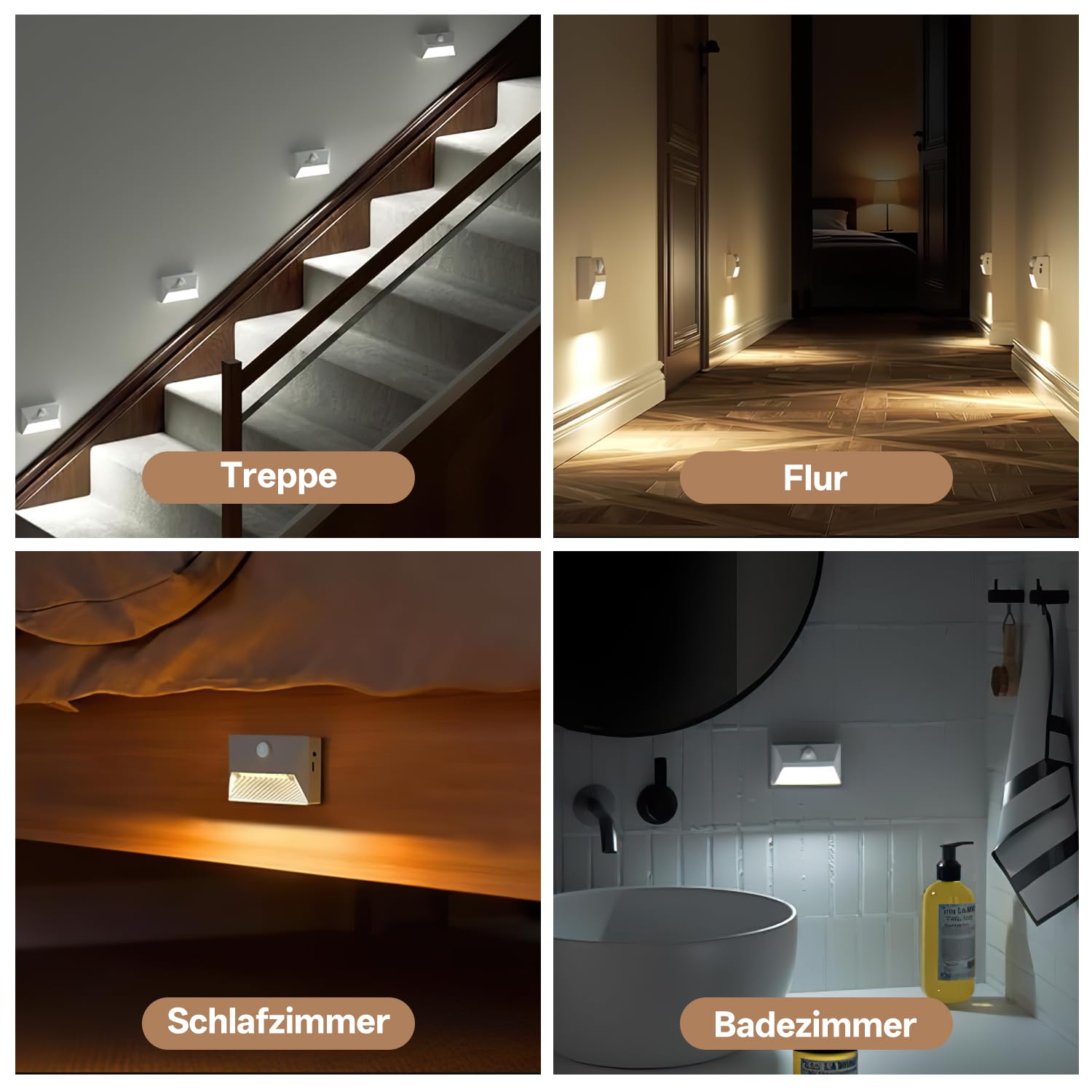 Gresonic 4er LED Treppenleuchte mit Bewegungsmelder, Wiederaufladbar 3 Farbtemperaturen Dimmbar, USB Aufladbar 1800mAh Akku, Kabellos für Treppe Flur Schlafzimmer, Weiß