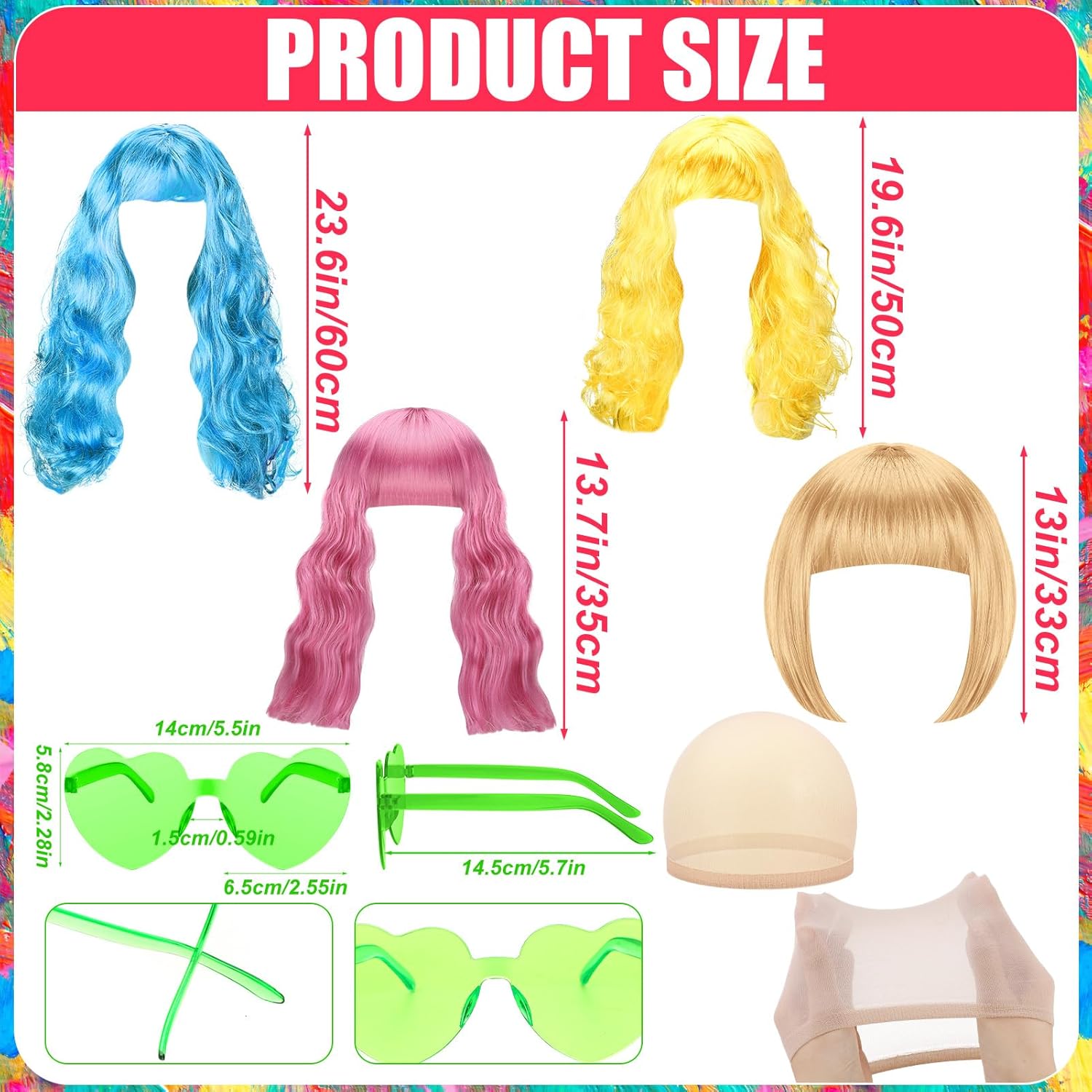 48 Pcs Colored Wig Set,16 Pcs Wigs and Cap Set with Heart Shape Sunglasses,Long Curly Wigs,Short Bob Hair Wig for Bachelorette Neon Party Favors