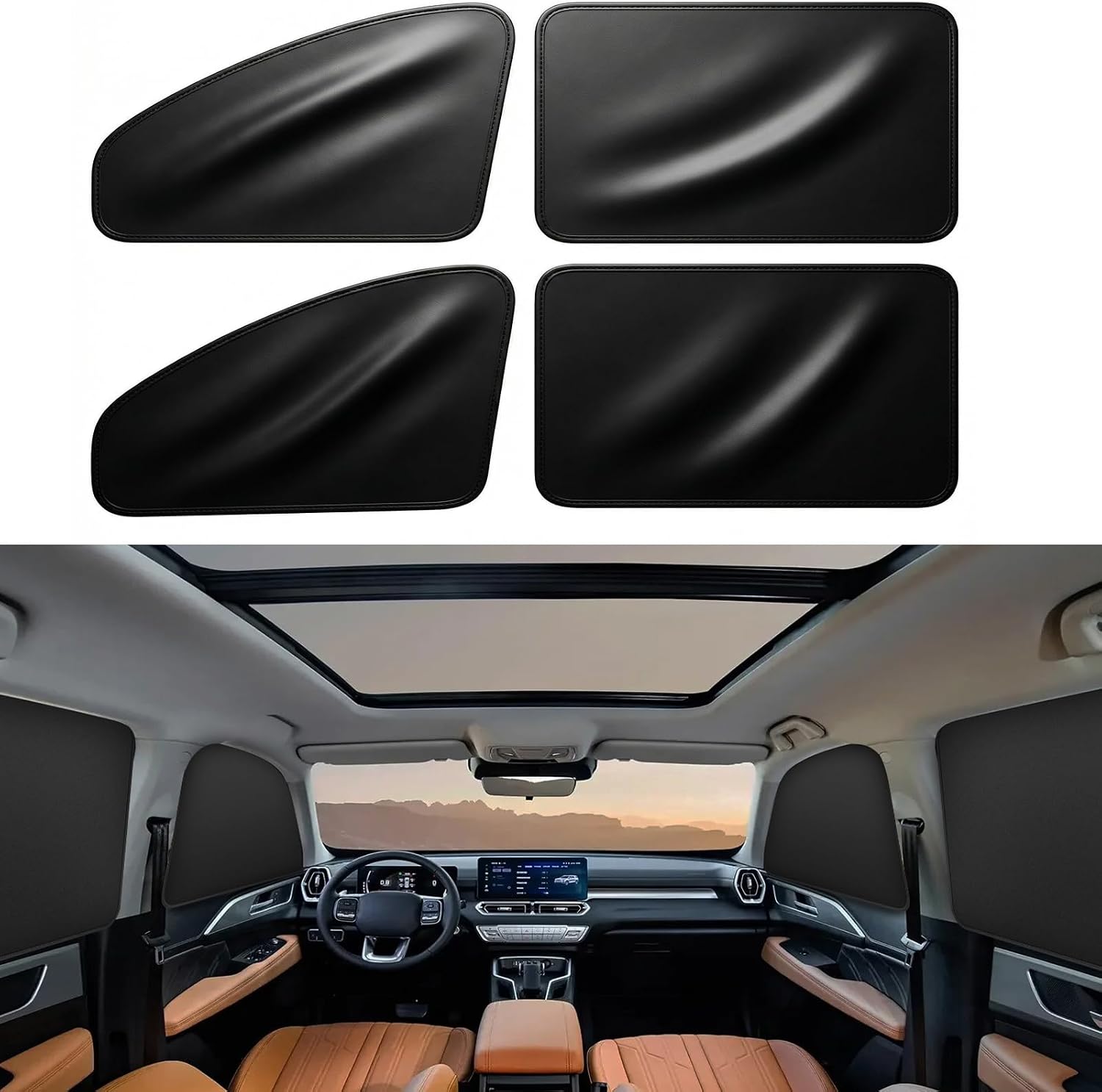 Side Window Shade Car Curtains - Leather Sun Shades Magnetic 100% Block Light Car Window Covers with Cooler Feeling (Black Leather, 4pcs)