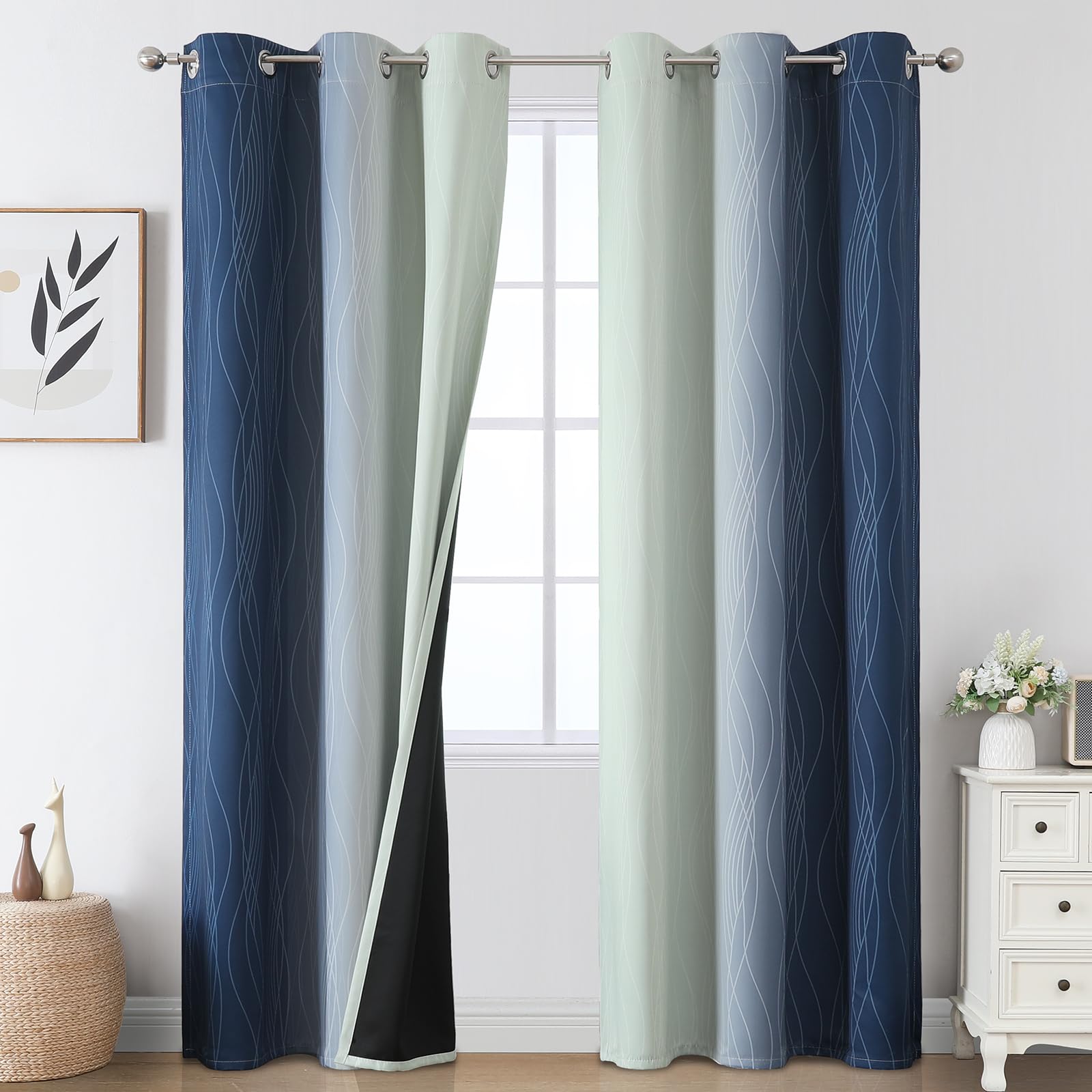 Estelar Textiler Navy Blue and Sage Green Ombre Blackout Curtains for Bedroom, Thermal Insulated Full Room Darkening Grommet Gradient Drapes for Living Room, 42Wx84L, 2 Panels