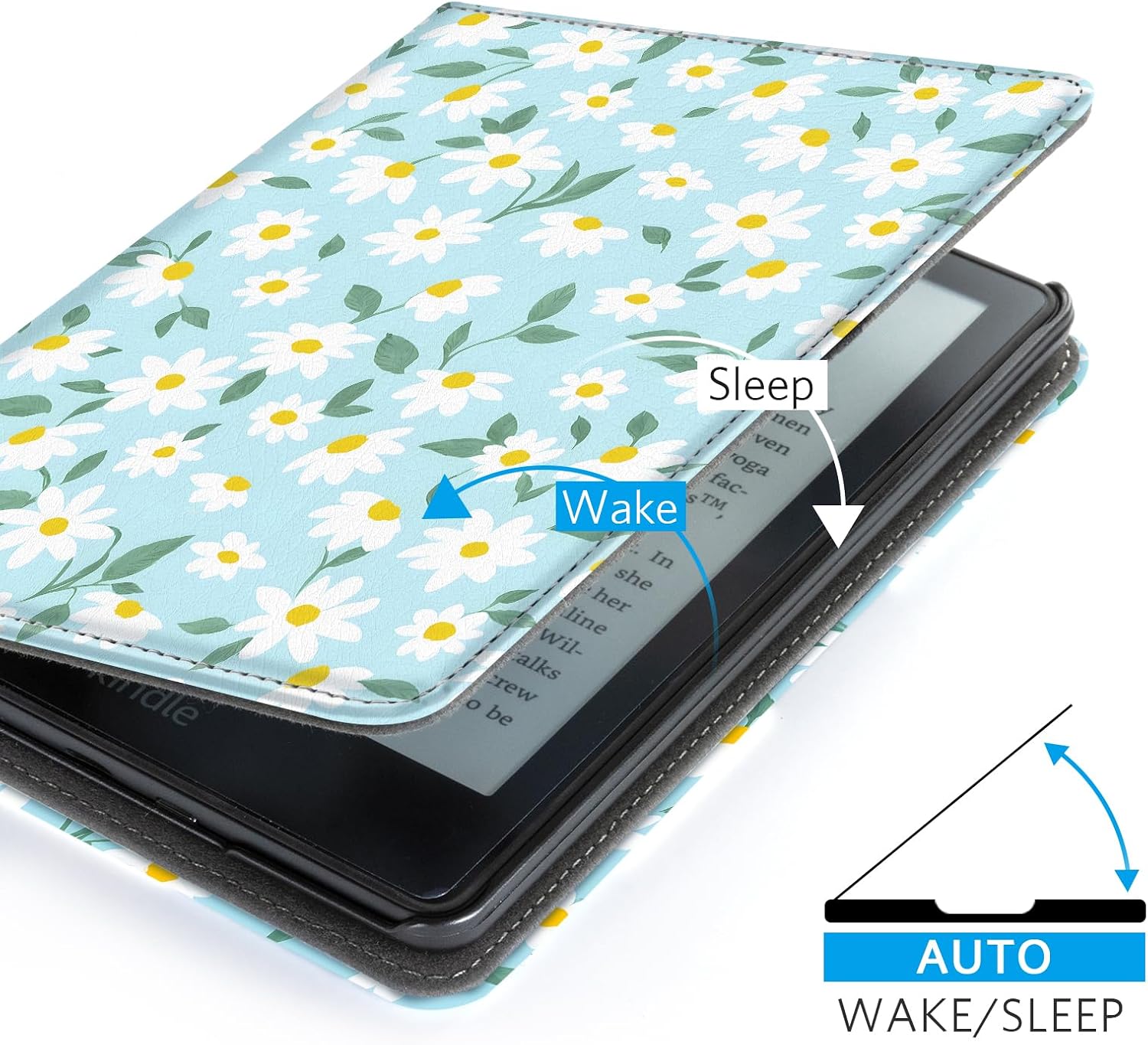 CoBak Case for 6" E-Reader - PU Leather Smart Cover with Auto Sleep/Wake & Hand Strap, not Compatible with Kobo Clara,Blue Daisy