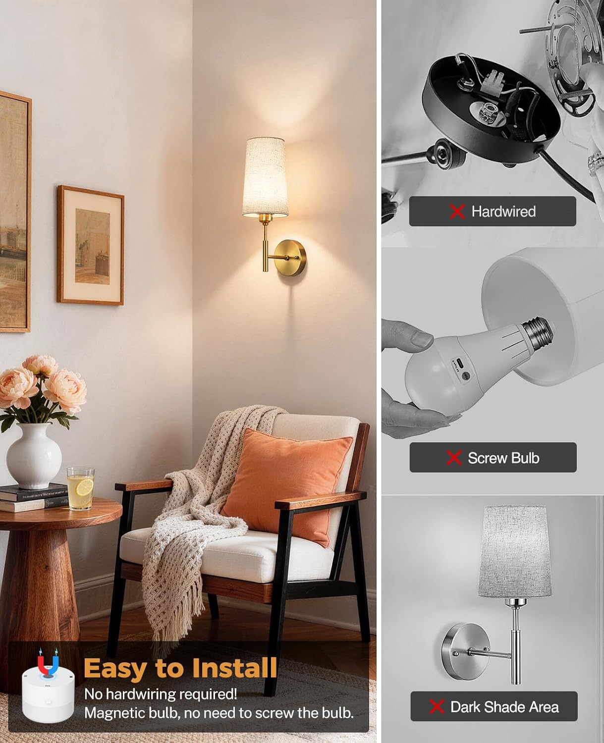 Battery Operated Wall Sconce Set of Two, Gold Rechargeable Wall Sconce, 13000mAh Wireless Wall Sconce with Remote, No Wire Dimmable Wall Lamp/Light for Bedroom, Beige Linen Fabric