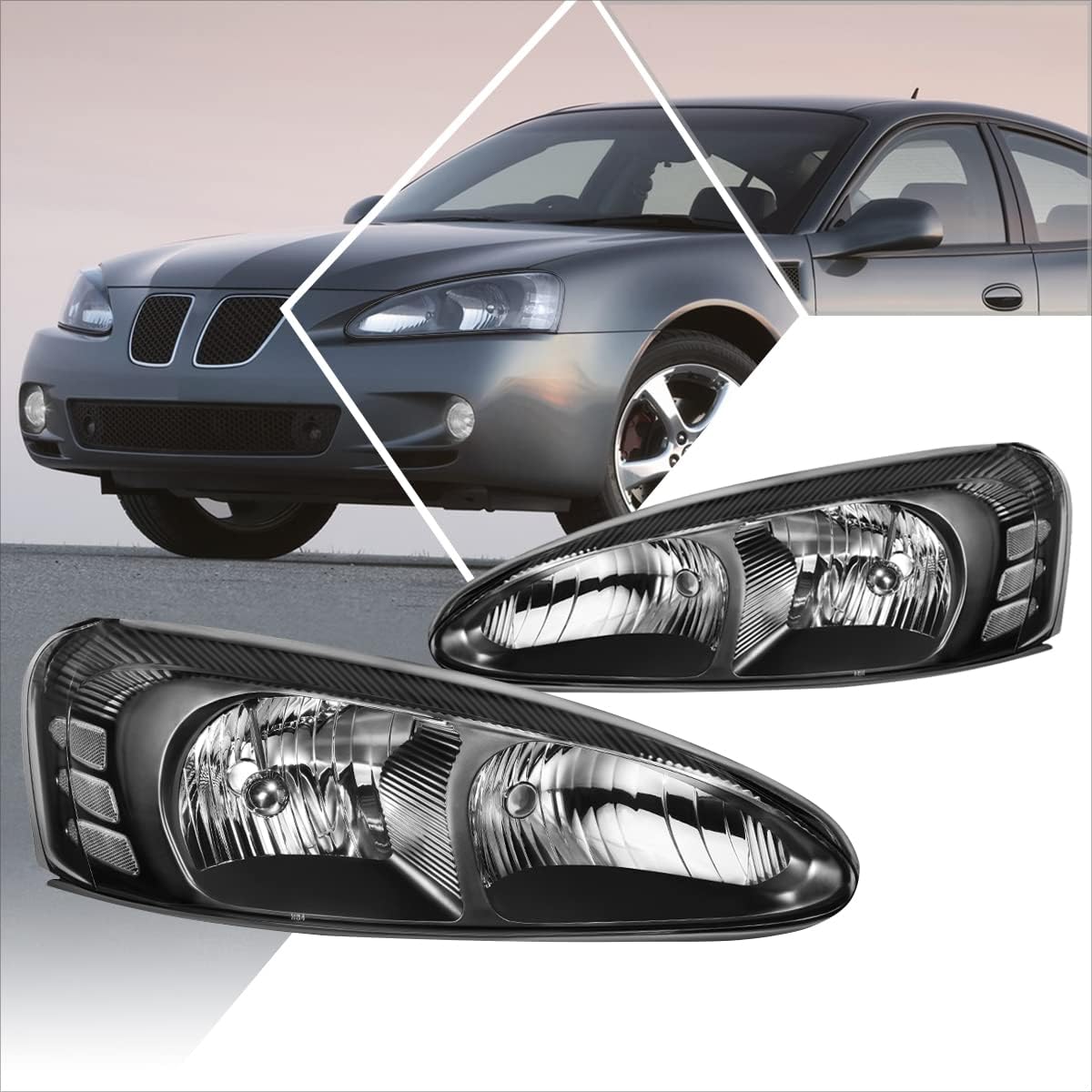 PM PERFORMOTOR Pair of Factory Style Headlights Assembly Compatible with 04-08 Pontiac Grand Prix,Black Housing Amber Corner