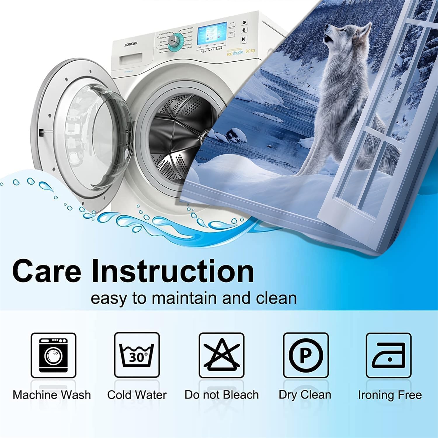 Snow Forest Wolf Boy Girls Blackout Curtains,Winter Wildlife Woodland Wolf Howling Moon Fashion Style, 2 Panel Rod Pocket Thermal Insulated Drapes for Bedroom, Living, Kids Teen Room Deco 84x63 inch