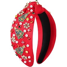 boderier Christmas Headbands for Women Beaded Christmas Tree Headband Crystal Wide Knotted Headband Xmas Holiday Party Hair Accessories Gifts Red-Beaded Tree