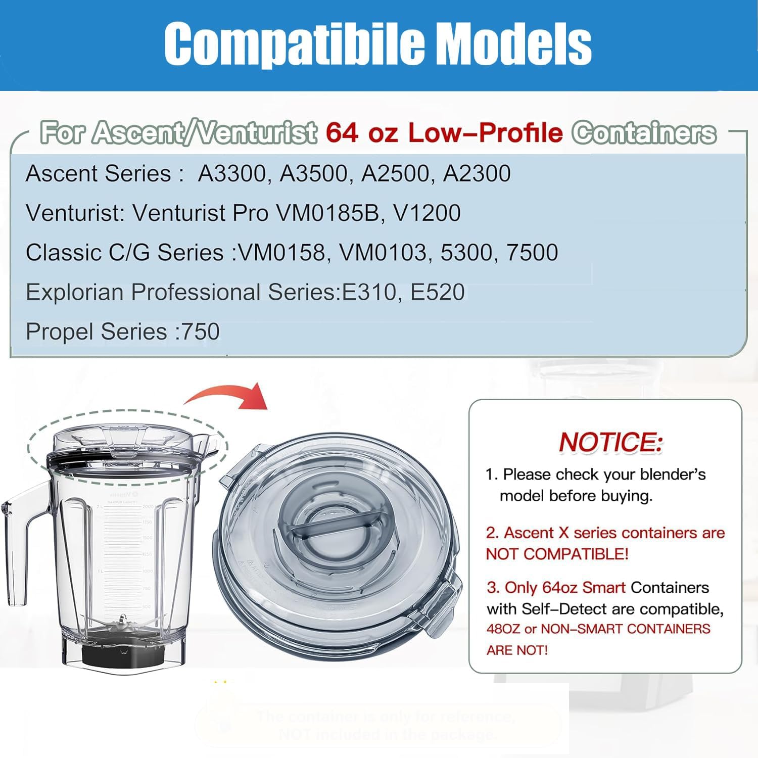 Blender Replacement Lid Compatible with vitamix A3500 A3300 A2300 A2500 V1200 64oz Low-Profile Pitcher, BPA Free Top Cap Cover 64oz (Ascent Series Lids)