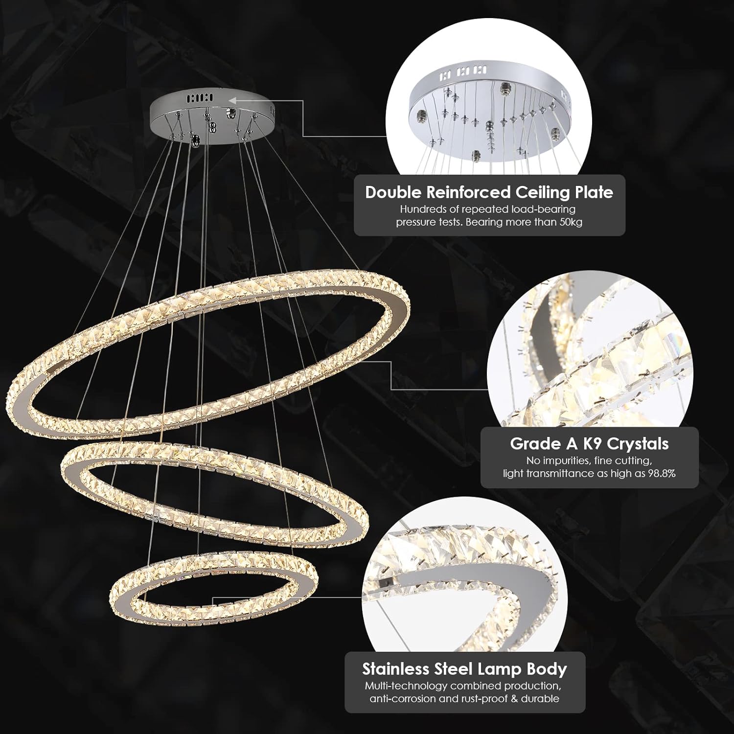 Siljoy LED Chandelier, Modern Ceiling Light Fixture with 3 Crystal Chandelier Lighting Rings, DIY & 3-Color Changing 3 Rings Adjustable Chandeliers for Living Room Dining Room Kitchen, D 12"-20"-28"