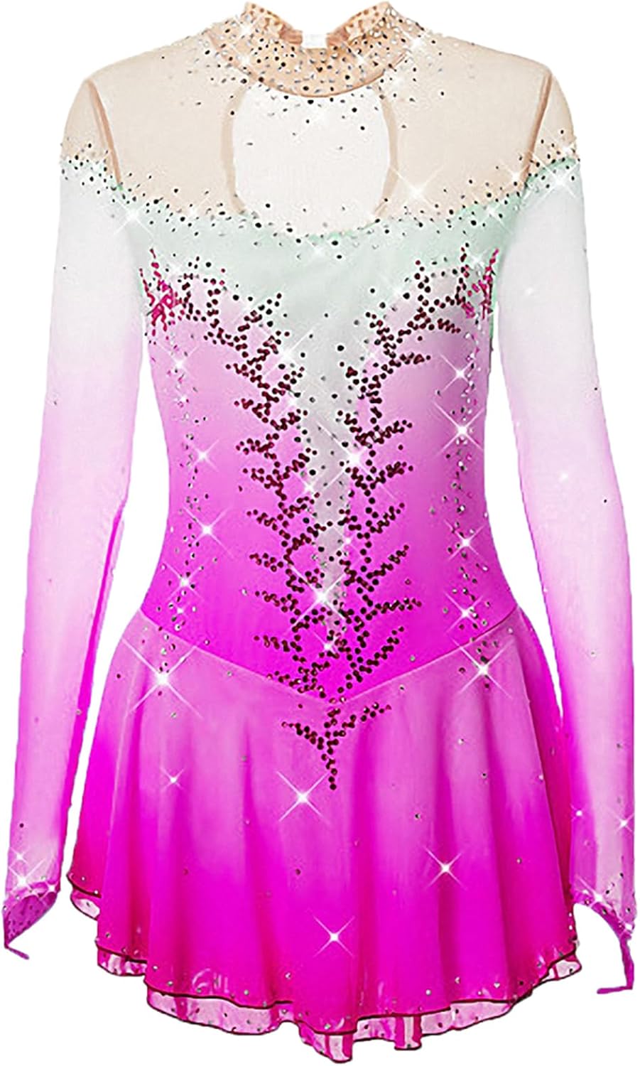 LIUHUO Ice Skating Dress Girls and Women Pink Handmade Figure Skating Professional Competition Costume Long Sleeved Dress