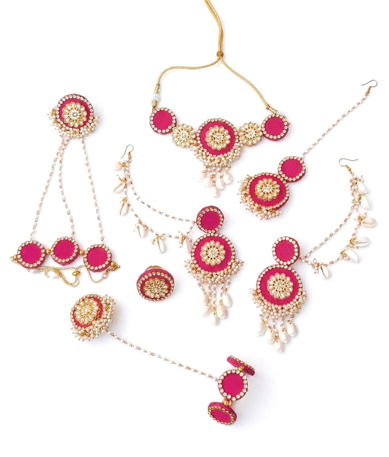 Advika Creations Ritual Glow Jewellery Jewellery Set, pink fabric jewellery set with pearl and kaudi design, Necklace Earr... - Review, Price and Buying Guide