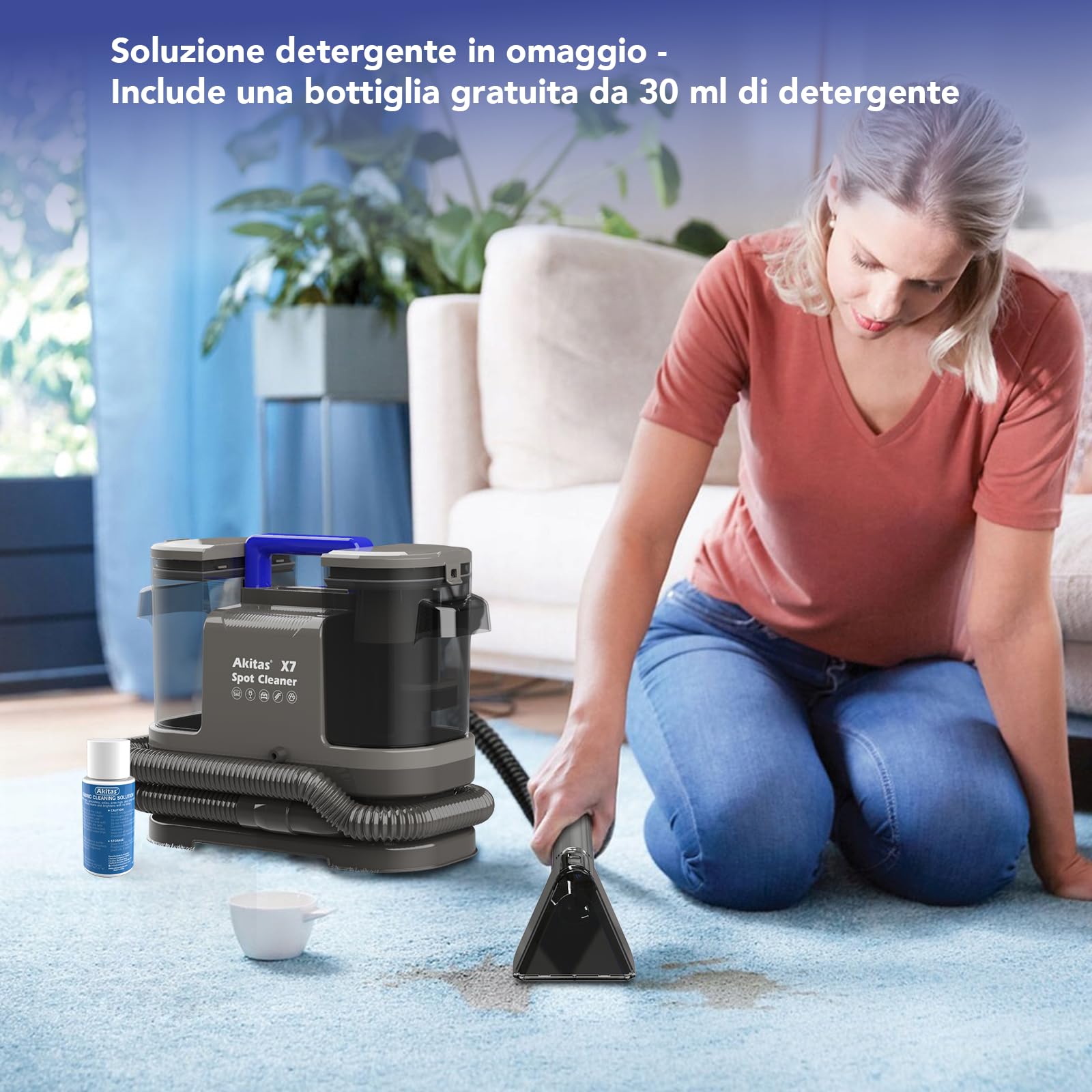 Akitas X7 600W Lavatappeti e Divani Lava e Asciuga, 14kPa Potente Aspirazione, Lava Tappezzeria per Auto, Moquette, Materassi, Serbatoio Doppio, Spazzola Autopulente
