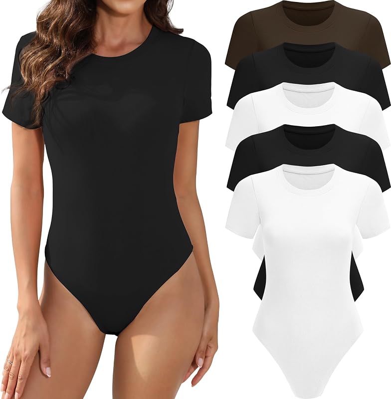 MLYENX 5 Pack Body Suits for Womens Short Sleeve Round Neck Basic Tops | Butter Soft Feel, Breathable Stretch, Snap Closure, Figure Flattering Fit, Easy Layering, Versatile Style, Everyday Comfort