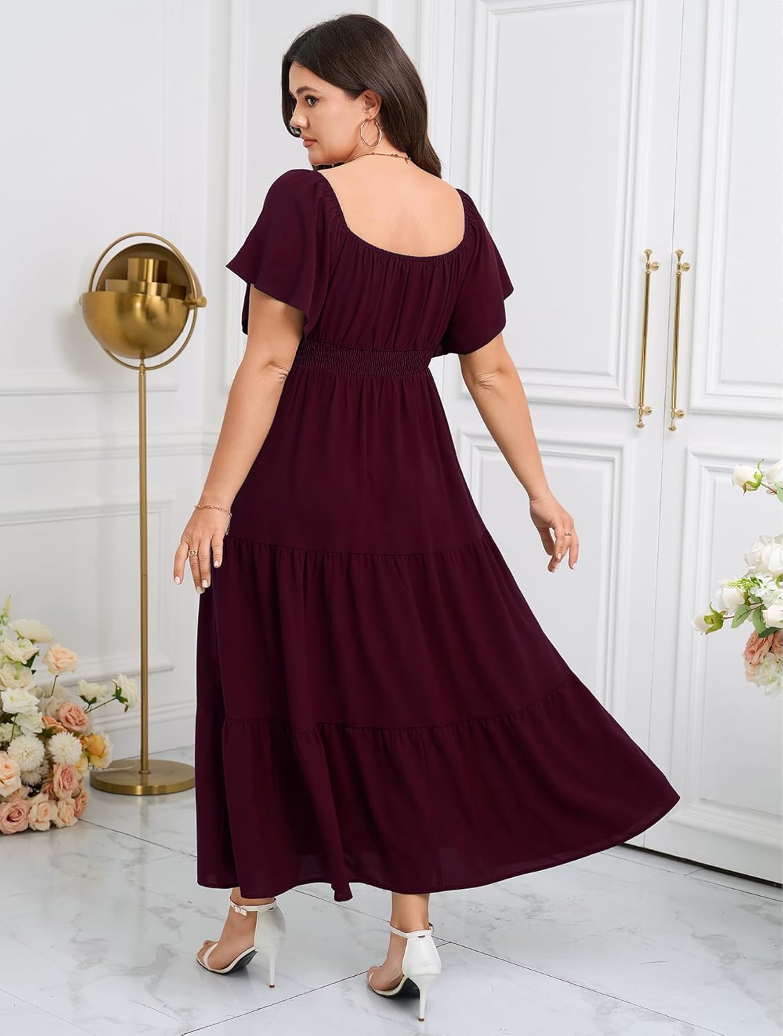 SCOMCHIC Womens Plus Size Maxi Dress Formal Short Sleeve Square Neck Smocked Side Split Flowy A Line Tiered Long Dress - Image 6