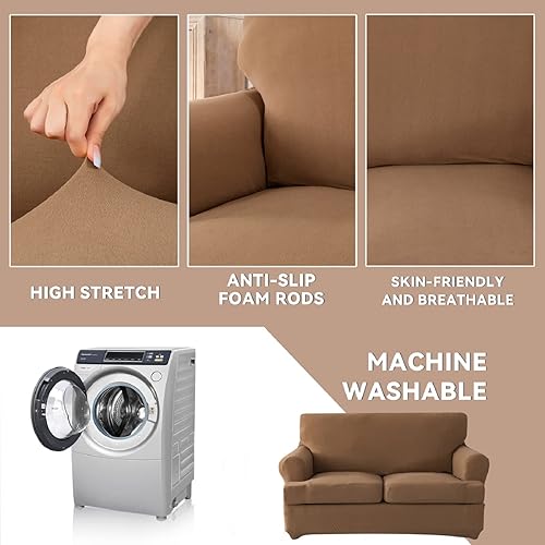 Miniatura 4 de molasofa Funda de sofá biplaza con 2 fundas individuales en forma de cojín en T para decoración del hogar, 3 piezas elásticas, lavables, sin