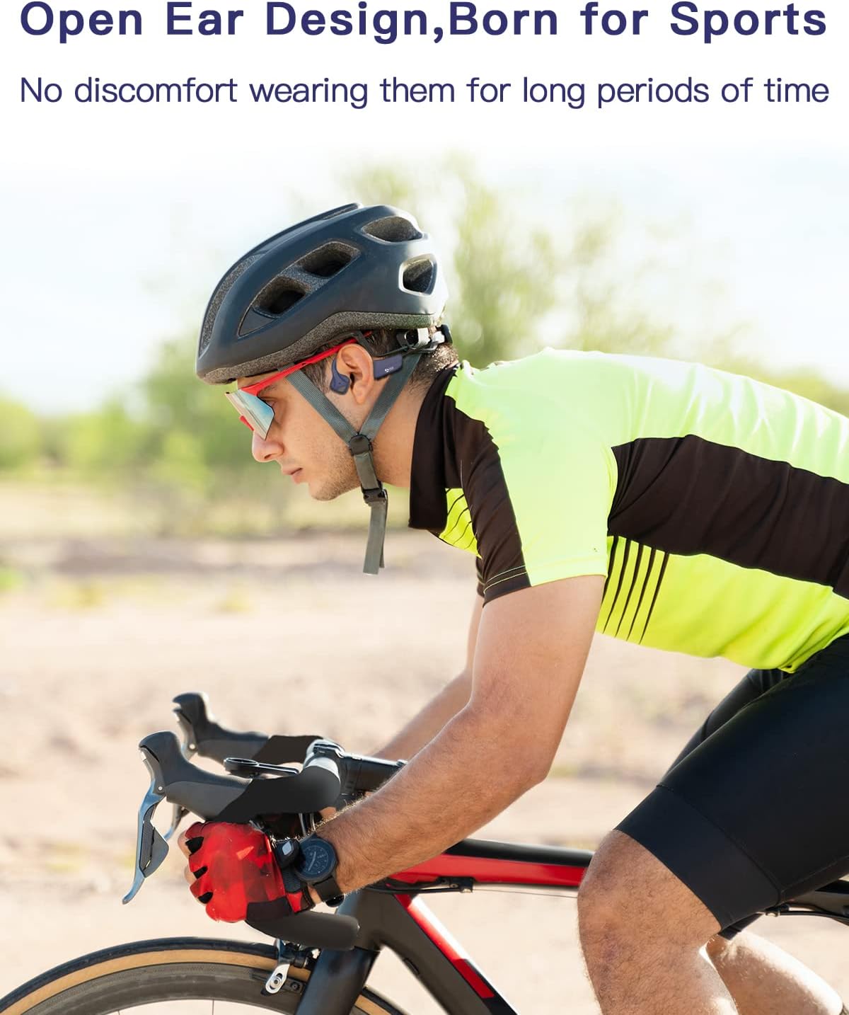 Man wearing 9 DIGITAL Bone Conduction Headphones and a helmet while cycling.