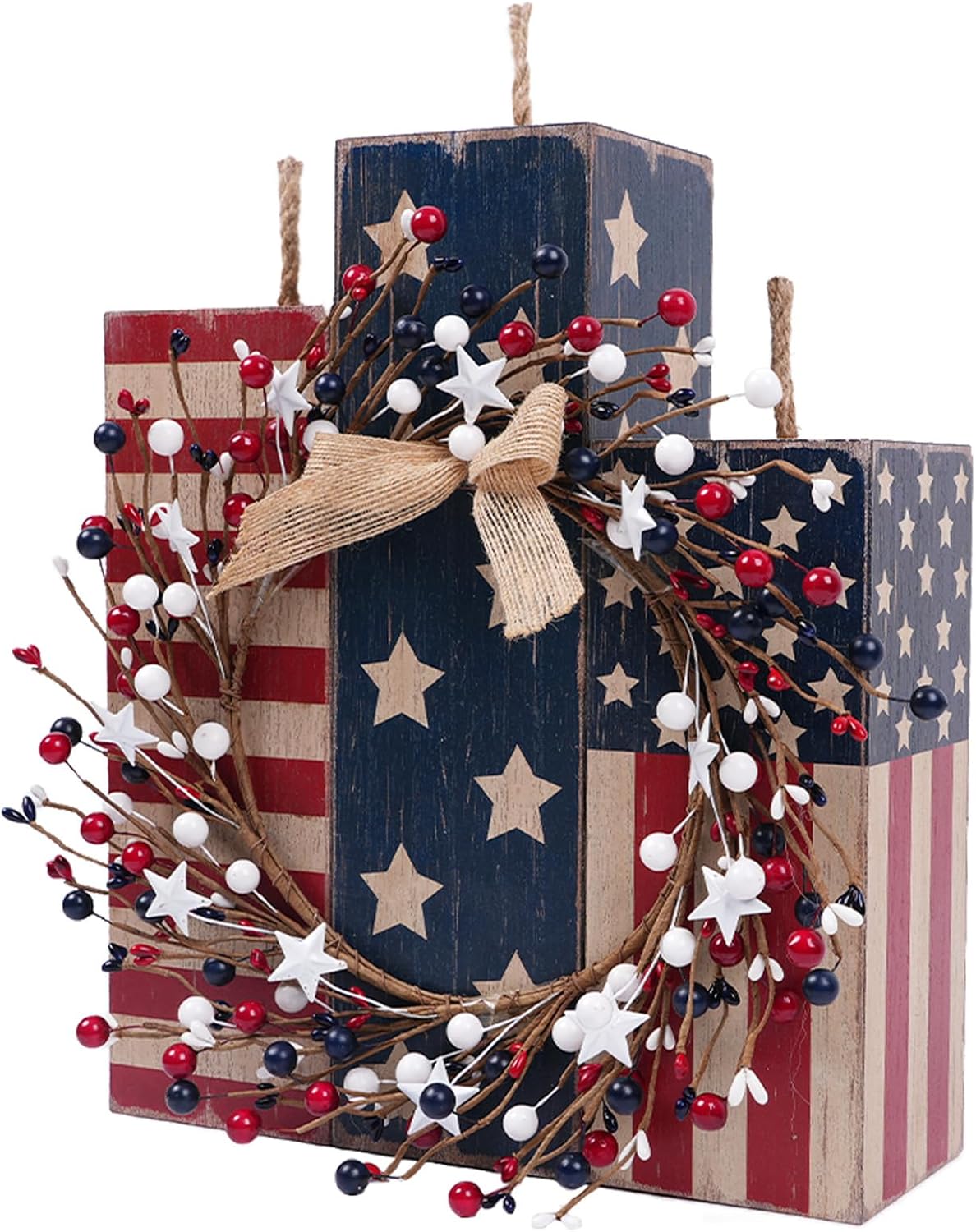 Idyllic 14 Inch Patriotic Wreath and Wooden Tabletop Decor Set, Red White Blue Patriotic Decorations for 4th of July, Memorial Day, Veterans Day, Front Door Wall Fireplace Home Decor