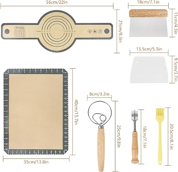 Bread Making Tools Set of 7, Including Silicone Pastry Mat, Round Baking Mat, Sourdough Danish Dough Whisk, Bread Lame Dough Scoring, Bread Scraper Dough Cutter, Perfect Gifts for Baker
