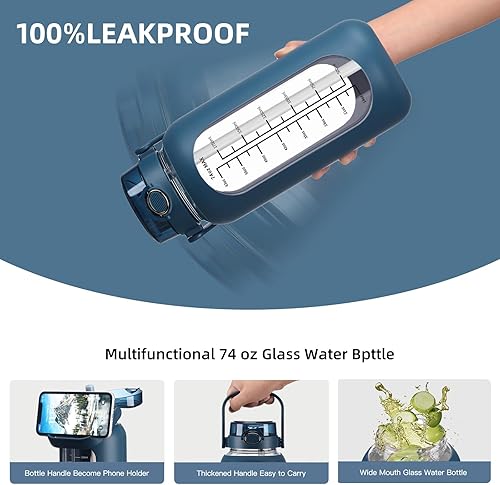 Miniatura 3 de Bolttles de agua de vidrio de 74 onzas con pajilla, botella de agua motivacional grande con marcador de tiempo, botellas de agua deportivas con