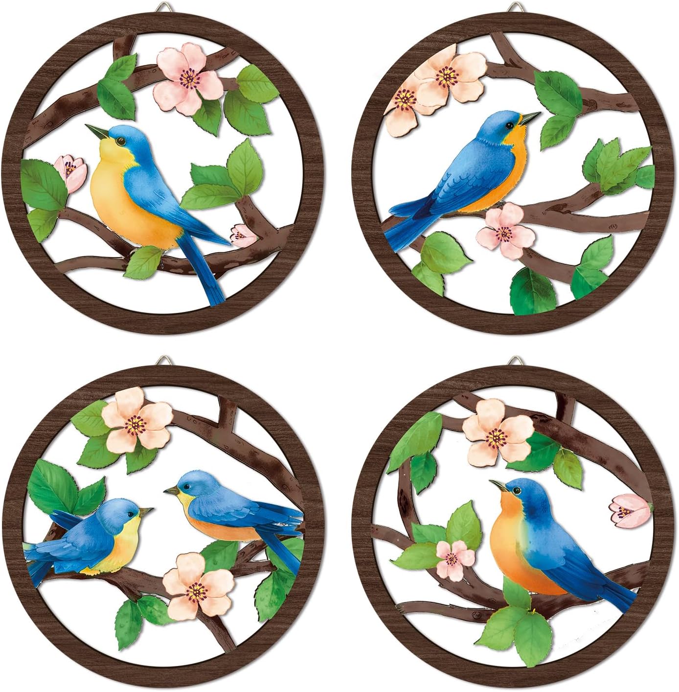 HPNIUB Bird on Birch Tree Branch Wall Decor, Modern Green Leaves Little Birds Laser Cut Artwork, 4 Pieces 10''x10'' Rustic Farmhouse Nature Animals Wall Hanging Plaque for Living Room Bedroom