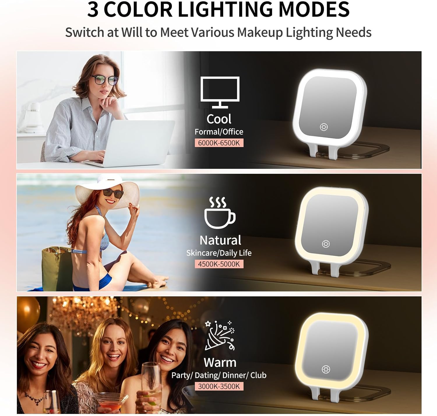 FUNTOUCH Rechargeable Travel Makeup Mirror, 30X/1X Rechargeable Double Sides Magnifying Mirror with 3 Light Settings & Adjustable Brightness,Compact Mirror with PU Bag Valentine's Day Gift, White - Image 5