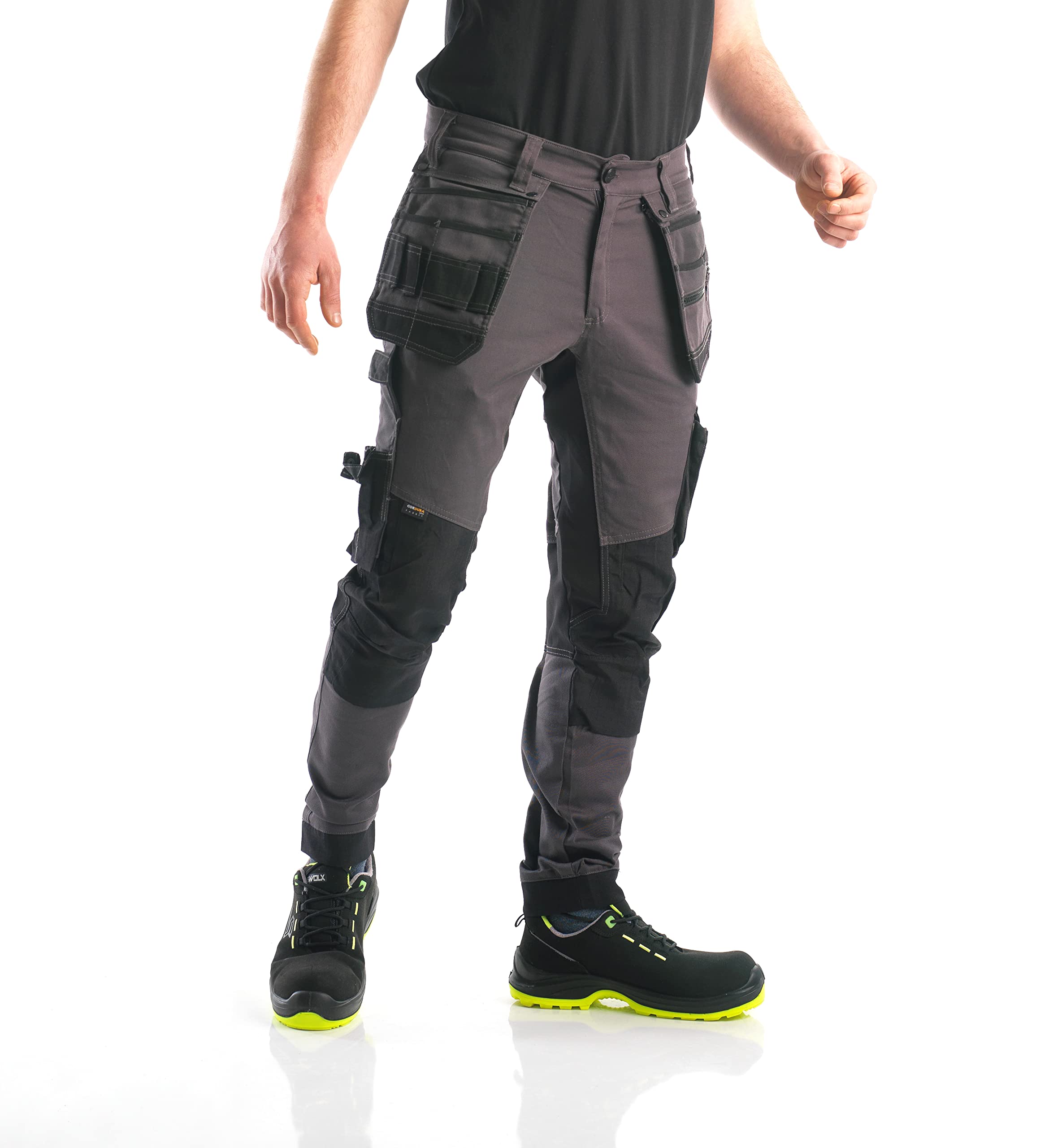 Bitco Men's Grey Garonne Work Trousers – Stretch, Water & Oil Repellent (245 G/M²), Cordura® Reinforcets, Cargo & Knee Pad Pockets, 360° Stretch Panels, 28