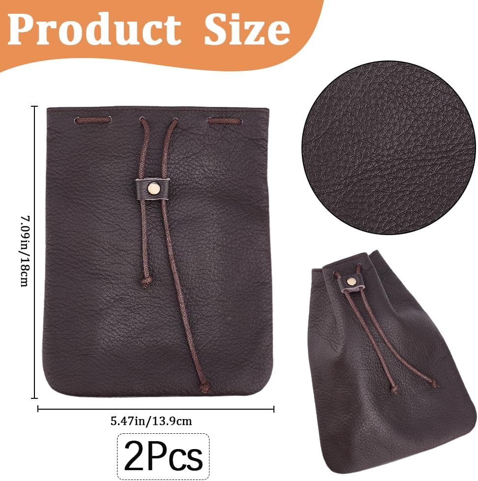 Beebeecraft 2Pcs Drawstring Leather Coin Pouches, 14x18cm Cowhide Leather Pouch Sandy Coffee Waterproof Medieval Money Bags Dice Purse Wallet Change Storage Organizer for Jewellery Women Man Gift