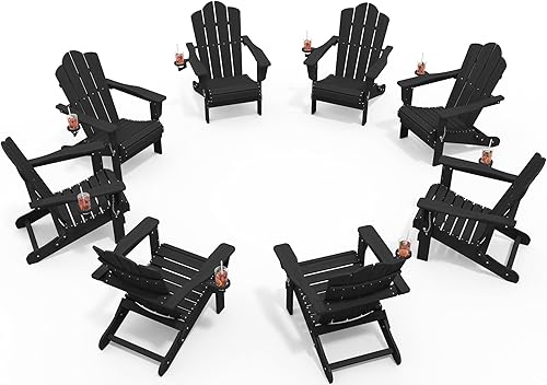 Vista 268 de KINGYES - Silla Adirondack plegable, sillas de patio de polietileno de alta densidad para todo tipo de clima, silla de césped con textura de madera