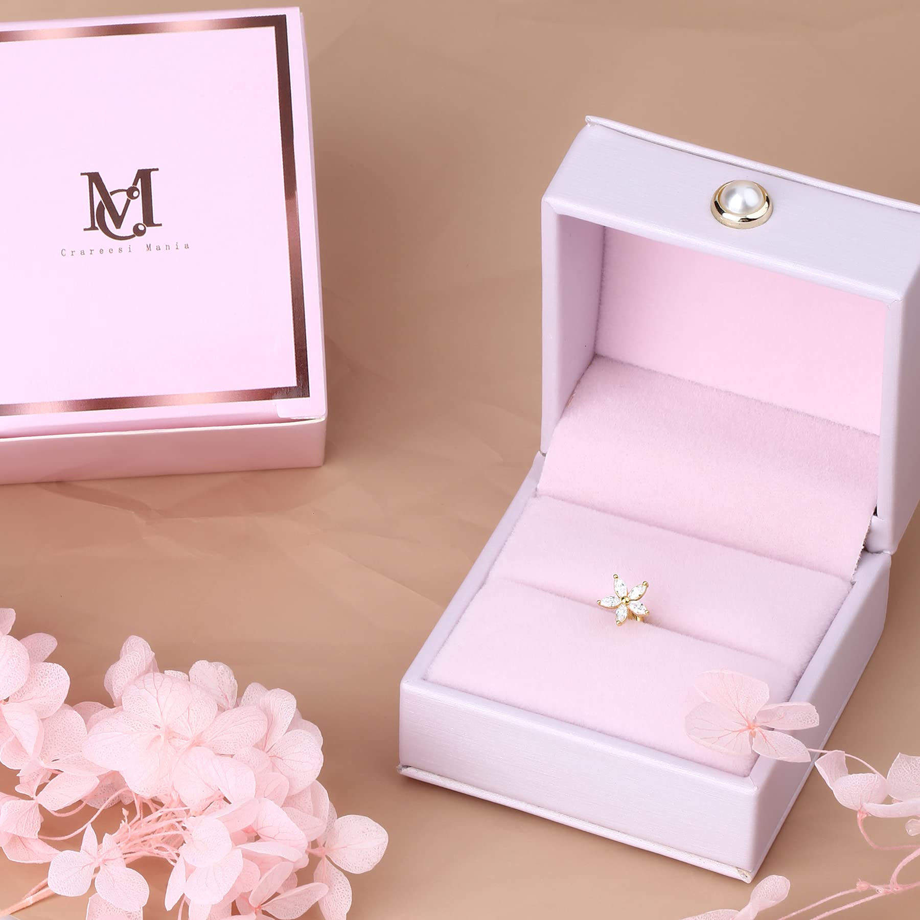 CM Crareesi Mania Orecchini a elica in oro giallo massiccio 9 K a forma di fiore, 16 G, per cartilagine, 6 mm, orecchini a perno con zirconia cubica trasparente, per ragazze