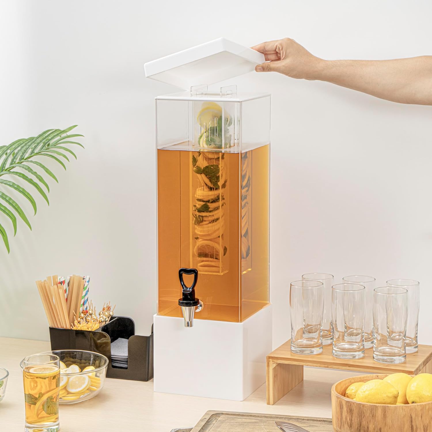 Restaurantware Bev Tek 3 Gallon Beverage Dispenser 1 Square Drink Dispenser For Parties - With Infusion Core Bamboo Base Clear Acrylic Drink Dispenser With Stand Easy-To-Use Spigot