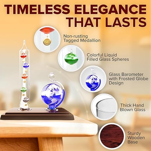 Miniatura 3 de JJ Care - Termómetro Galileo con barómetro de globo de vidrio esmerilado, la estación meteorológica Galileo mide temperaturas de 64 F a 80 F,