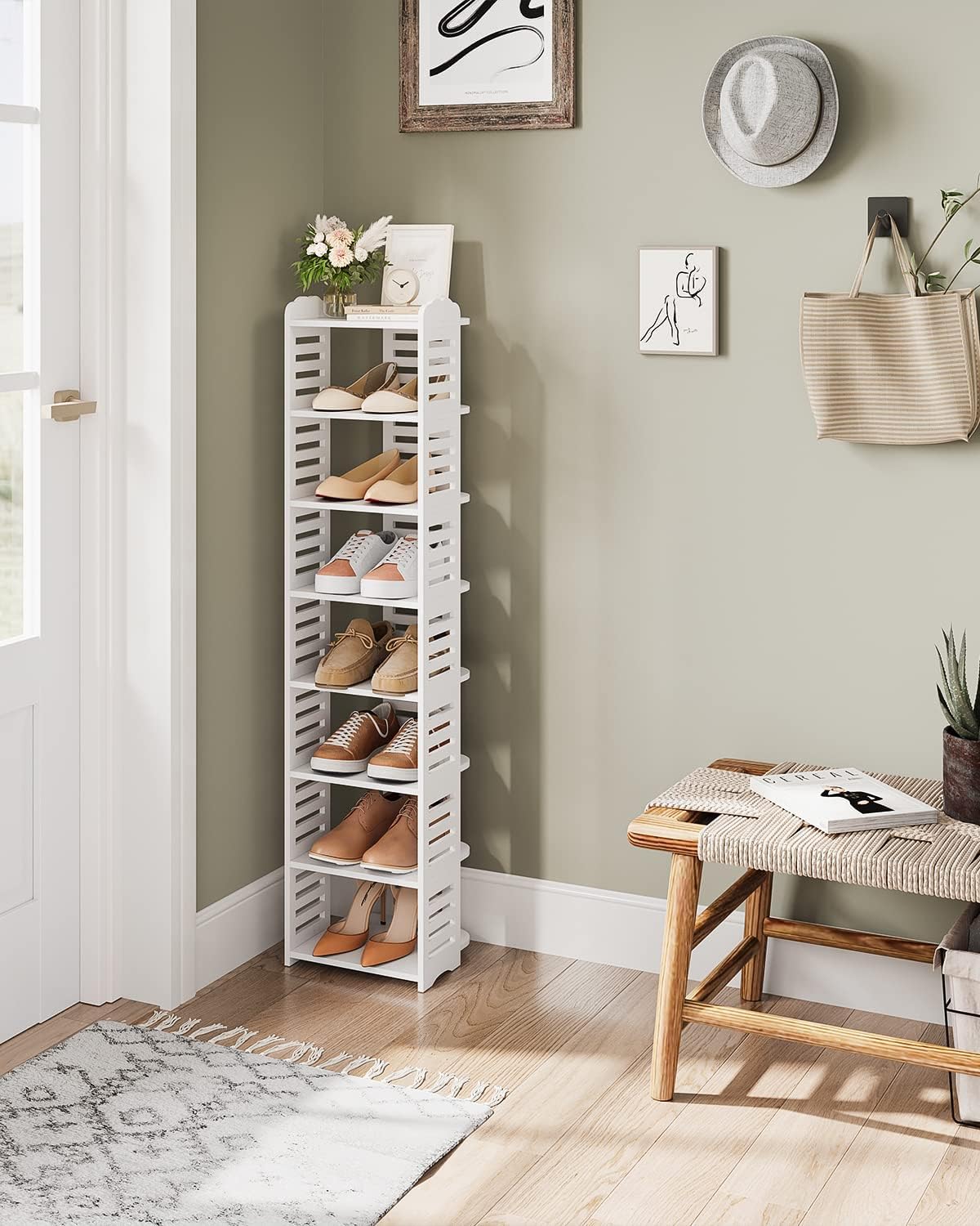 Dripex Schuhregal schmal, 8 Ebenen Verstellbarer Standregal, Schuhablage Schuhständer platzsparend für Flur Schlafzimmer Küche, weiß