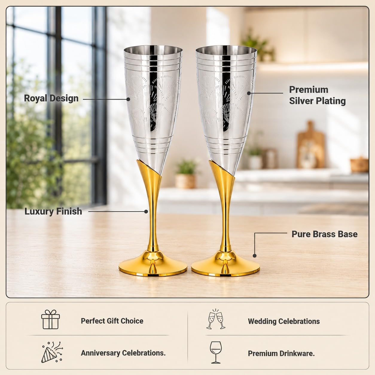 Crockery wala and company Siver Plated Champagne Flute Wine Glass for Parties - Set of 2 (Silver, 100 ml) 3