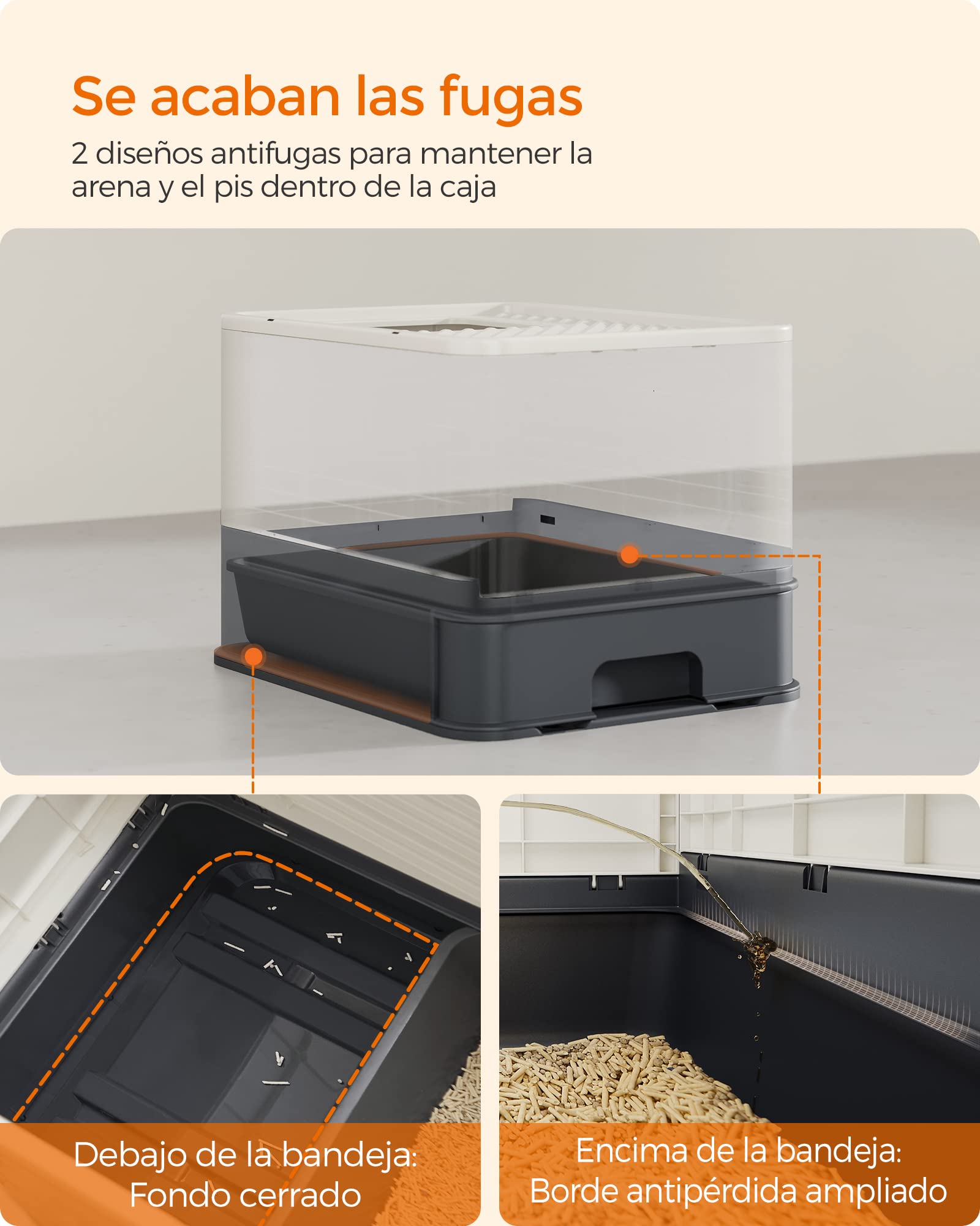 Feandrea Arenero para Gatos, Caja Arena con Bandeja Extraíble, Pala, Cepillo, Espacioso para Gatos Grandes, Carga de 15 kg, Antifiltración, Antiescapes, Beige y Negro PPT001W01
