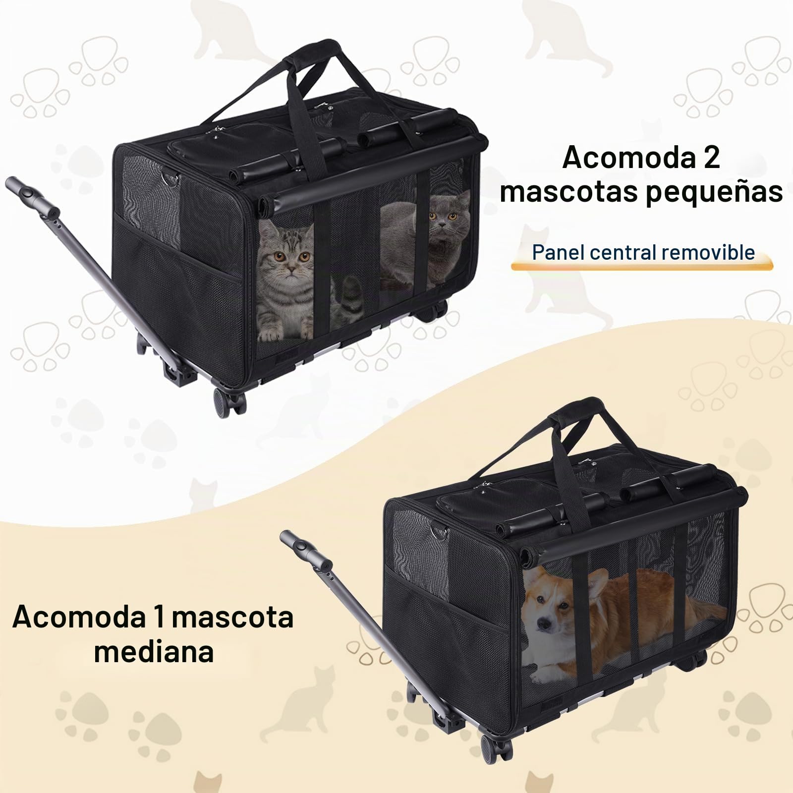 Portamascotas extragrande con dos compartimentos y ruedas desmontables para gato/perro, transportador plegable para 2 gatos, bolsa de viaje para paseo/camping (negro)